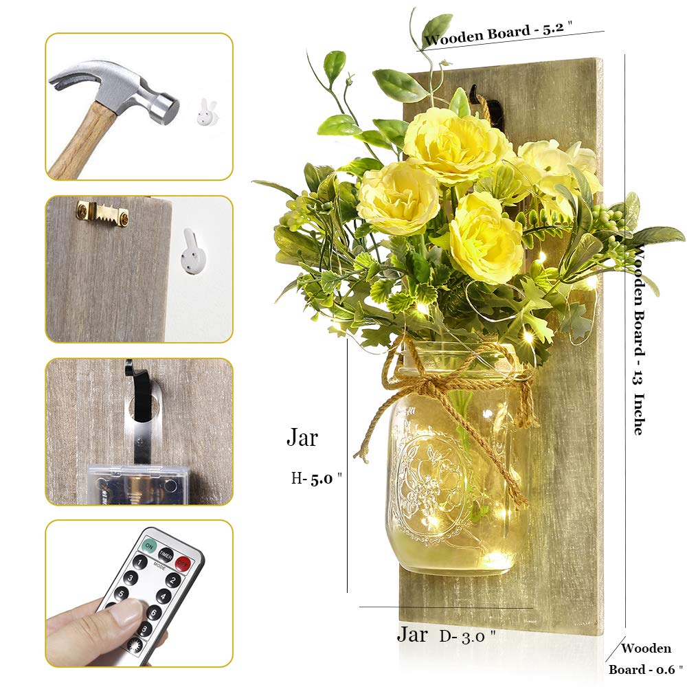 Rustic Farmhouse Mason Jar Wall Sconces with Remote Control - Set of 2 LED Wall Lights with Yellow Rose Decor for Bedroom, Living Room & Kitchen | Perfect for Cozy Home Ambiance and Farmhouse Style Interior Design