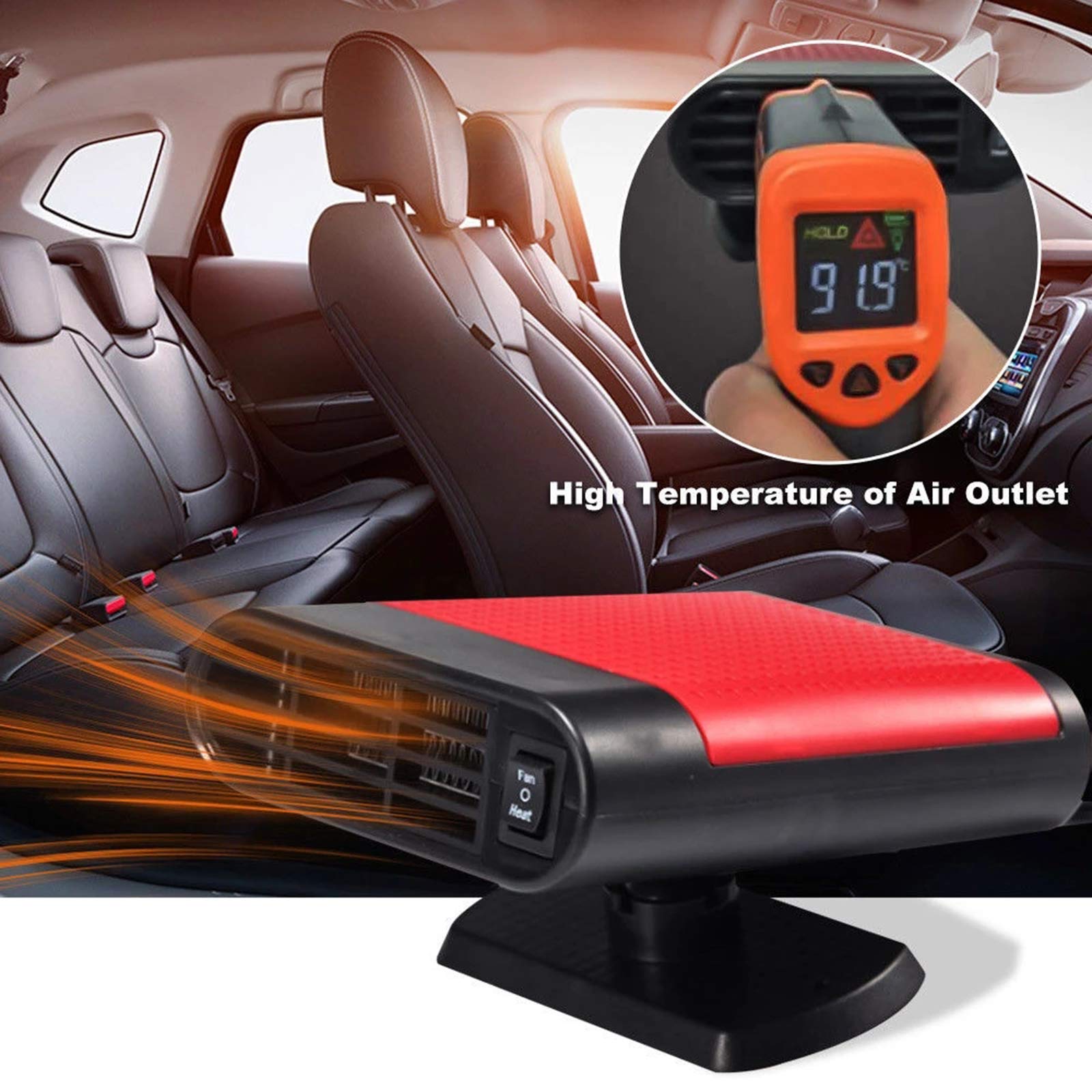 12V Portable Car Heater - Universal Interior Heating & Cooling Fan with Defroster and Demister for Winter - Red Car Accessory for Window Mist Removal & Cabin Comfort