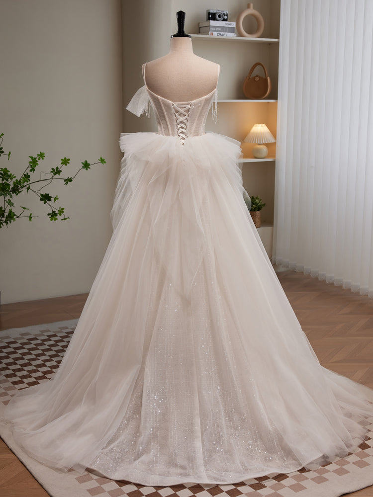 Elegant Light Champagne Tulle Beaded Long Prom Dress - Formal Evening Gown for Homecoming, Wedding, and Special Occasions