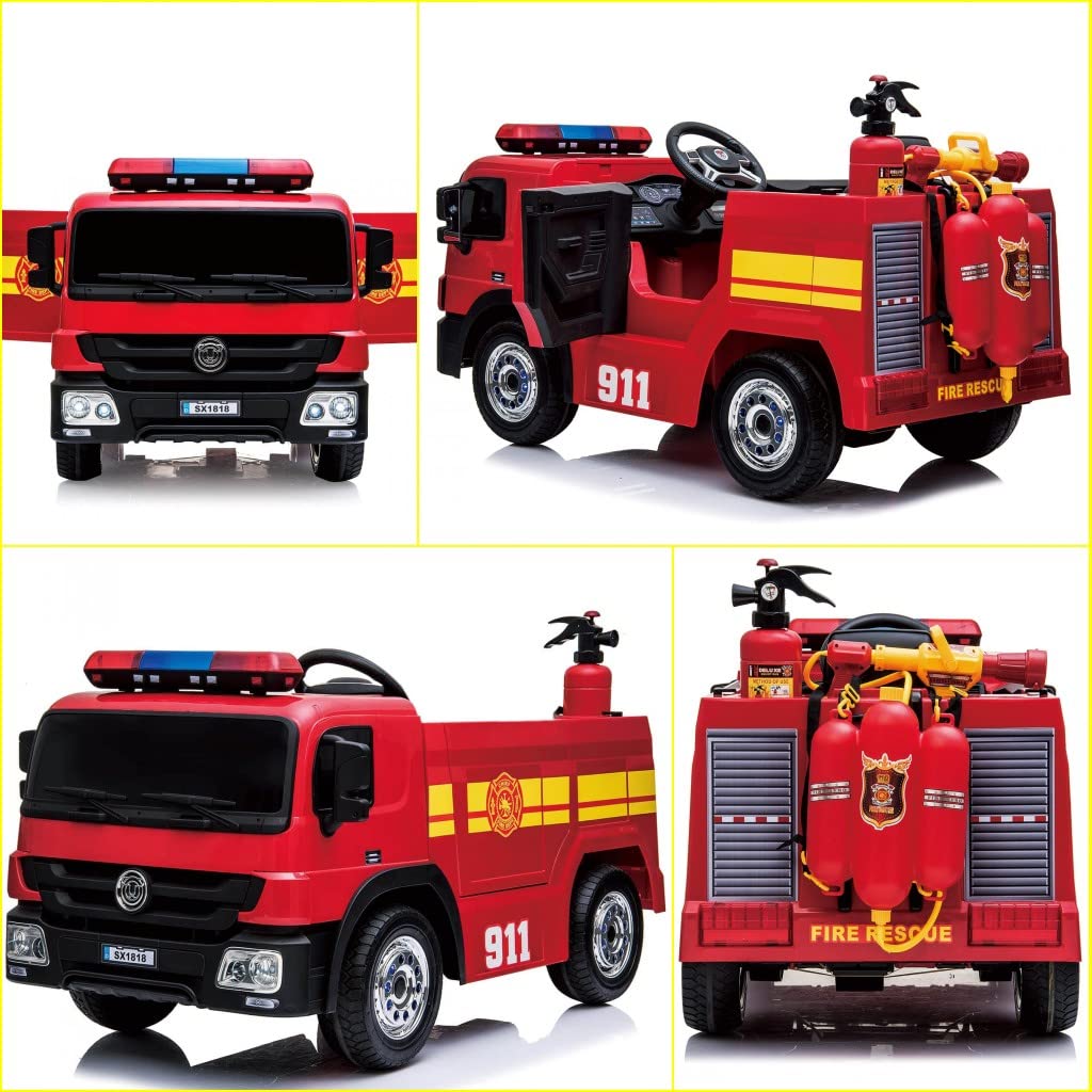 TLSUNNY 12V Kids Electric Ride On Fire Truck Toy - Remote Control Motorized Fire Engine Car with Spring Suspension, 3 Speeds, Water Gun, Firefighter Hat & Extinguisher - Perfect for Birthday Gifts & Outdoor Play