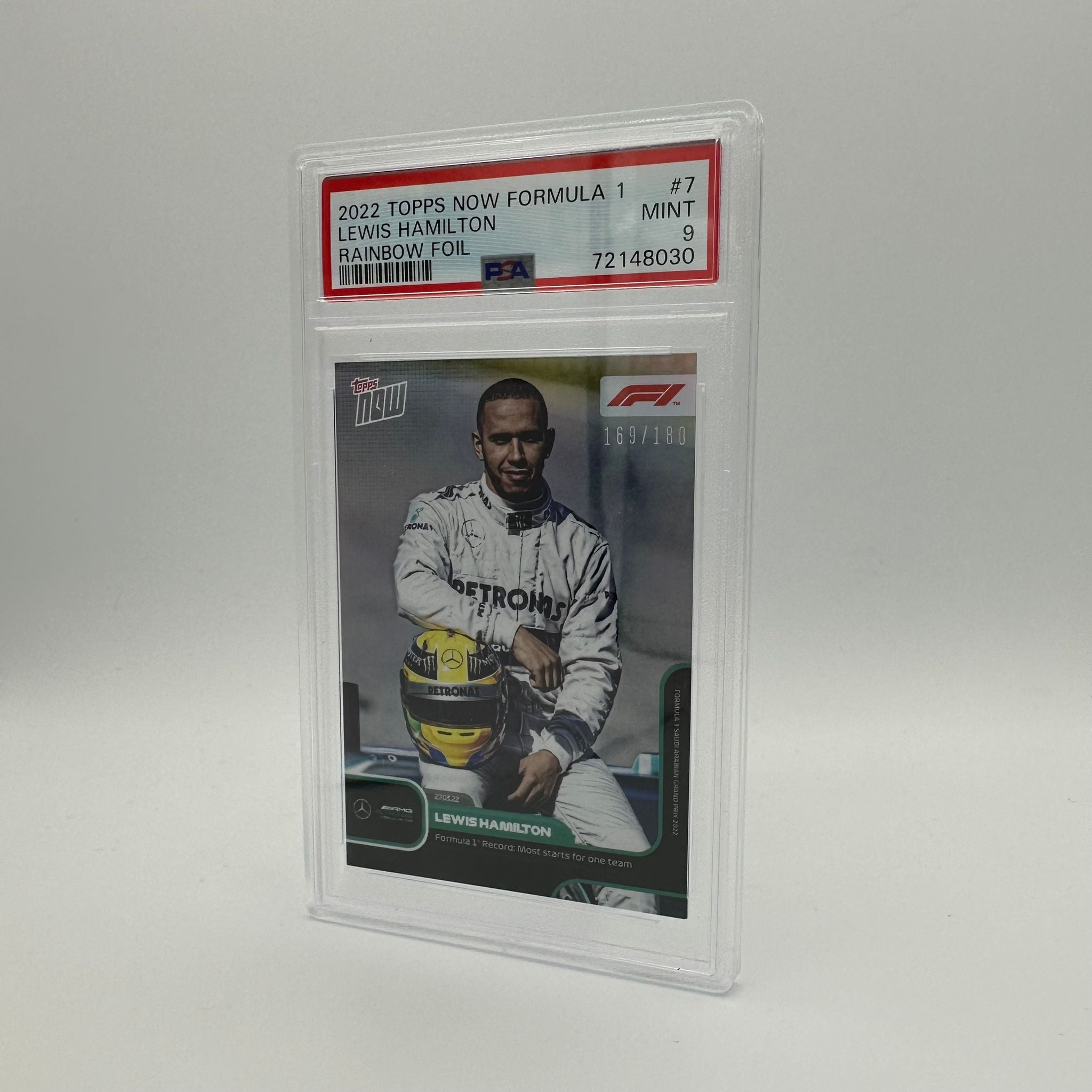 PSA 9 Graded 169/180 Lewis Hamilton F1 Racing Card - Most Starts For One Team #7 - Perfect for F1 Collectors & Motorsport Memorabilia Enthusiasts