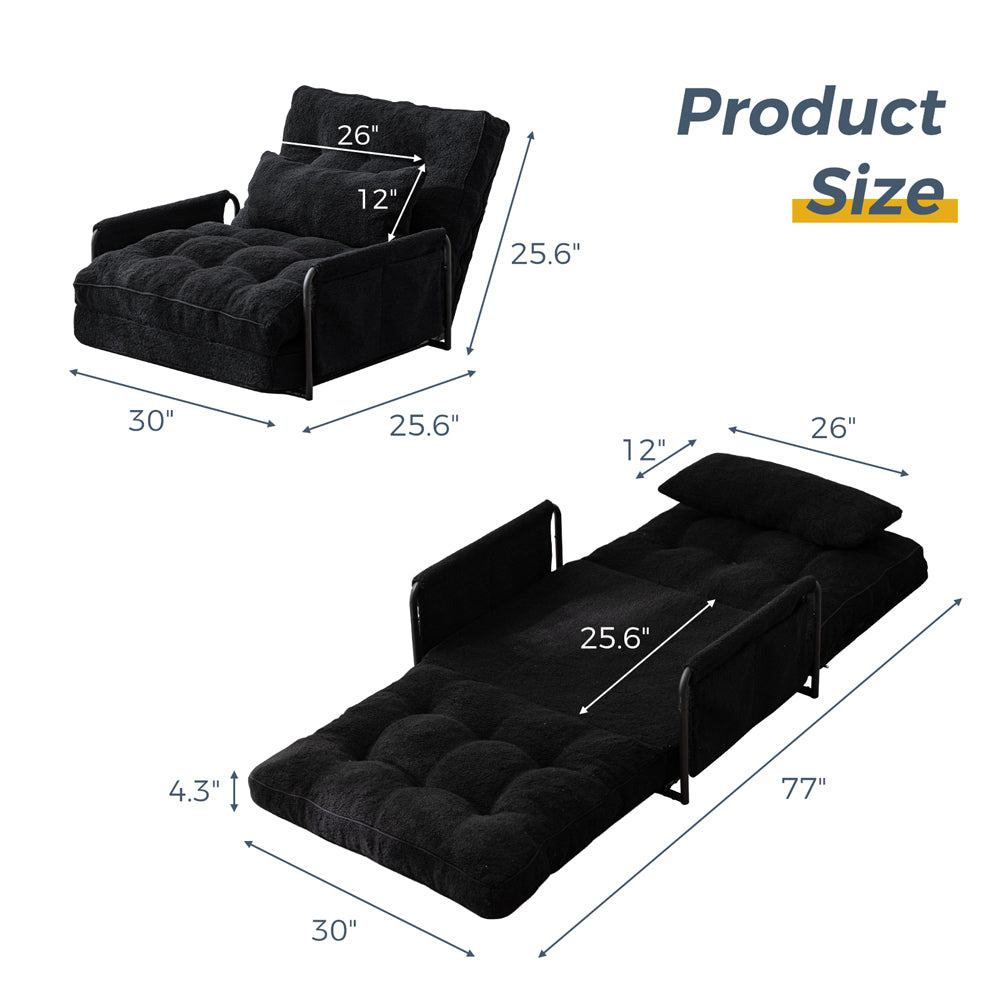 MAXYOYO Adjustable Floor Sofa Couch with Pillow - Boucle Convertible Lazy Sofa Sleeper Bed with Armrest - Single Size in Black - Perfect for Small Spaces, Living Rooms & Guest Beds