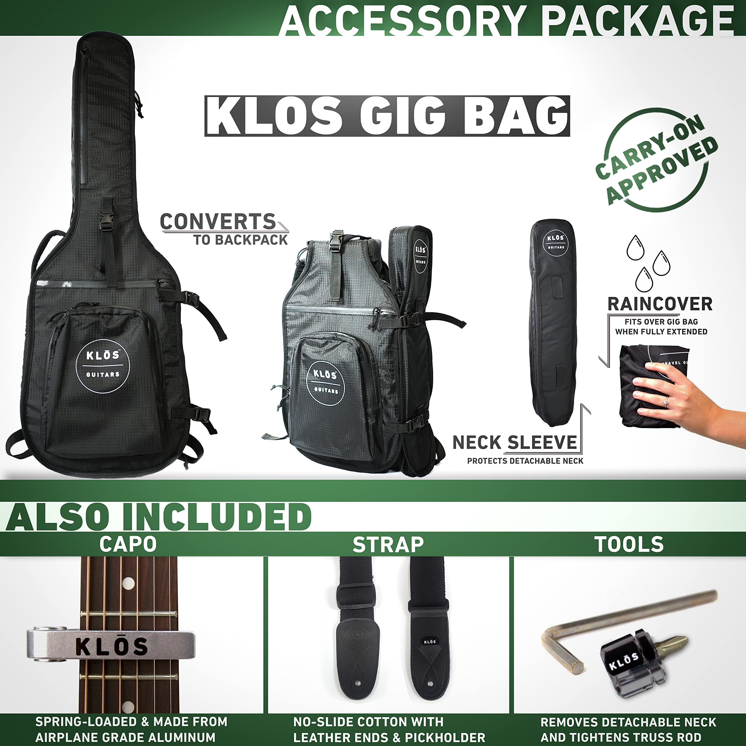 Premium KLOS Full Size Carbon Fiber Acoustic Guitar - Black | Lightweight & Durable Travel Guitar with Gig Bag, Strap, Capo | Perfect for Beginners, Professionals & Outdoor Performances