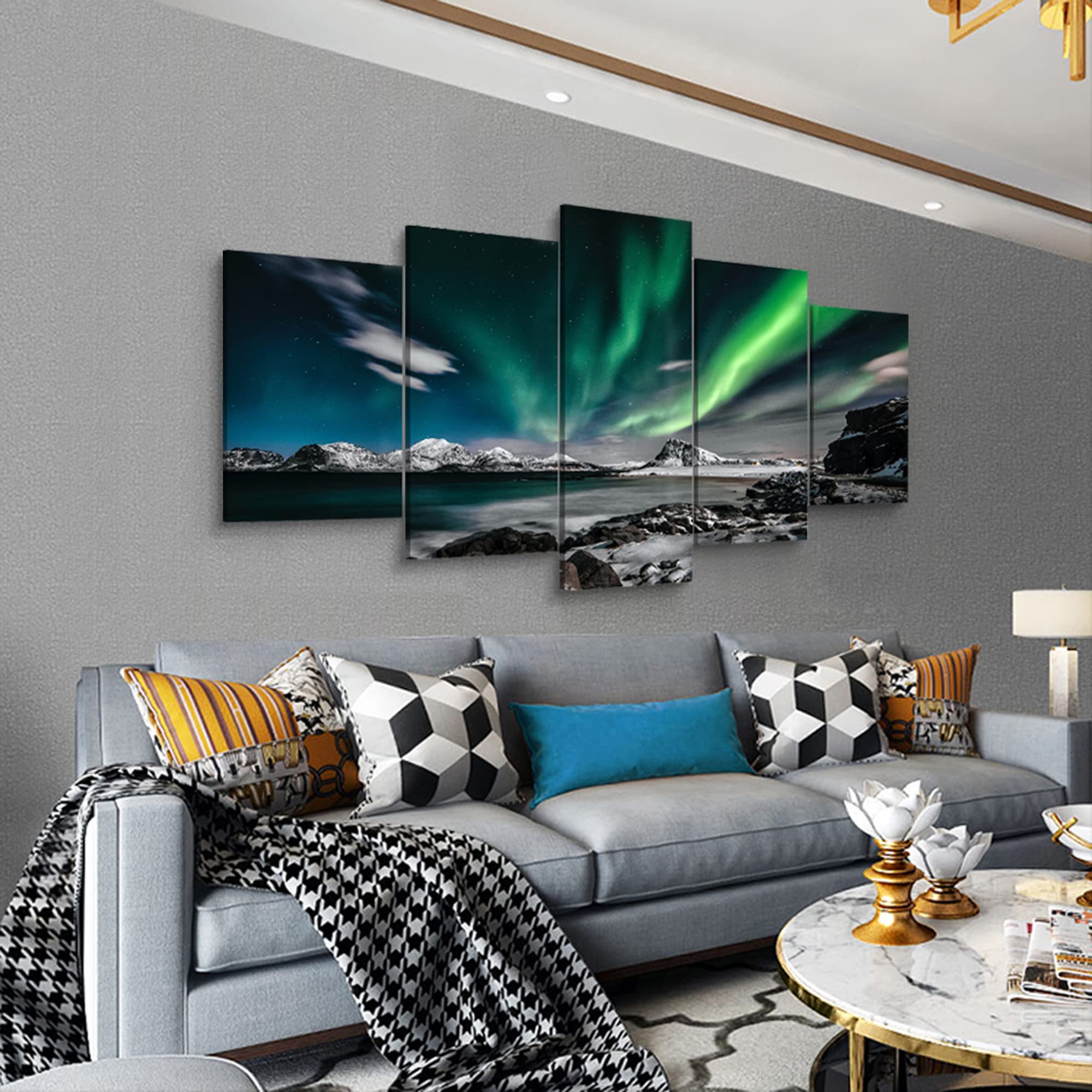 Aurora Borealis Canvas Wall Art - Northern Lights Landscape Painting for Living Room, Bedroom & Office Decor | Wooden Framed Prints Ready to Hang (5-Piece Set, 80x40 Inches) | Perfect for Home, Office & Gift Giving