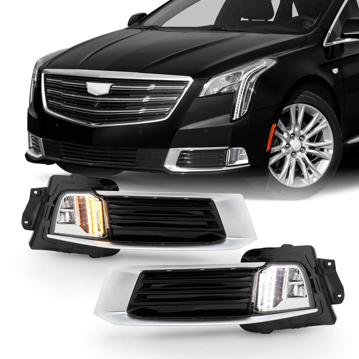 AKKON Switchback Bumper Signal Chrome Fog Lights for 2018-2019 Cadillac XTS (Non-DRL Model) - Left & Right Pair Replacement - Perfect for Night Driving & Enhanced Vehicle Visibility