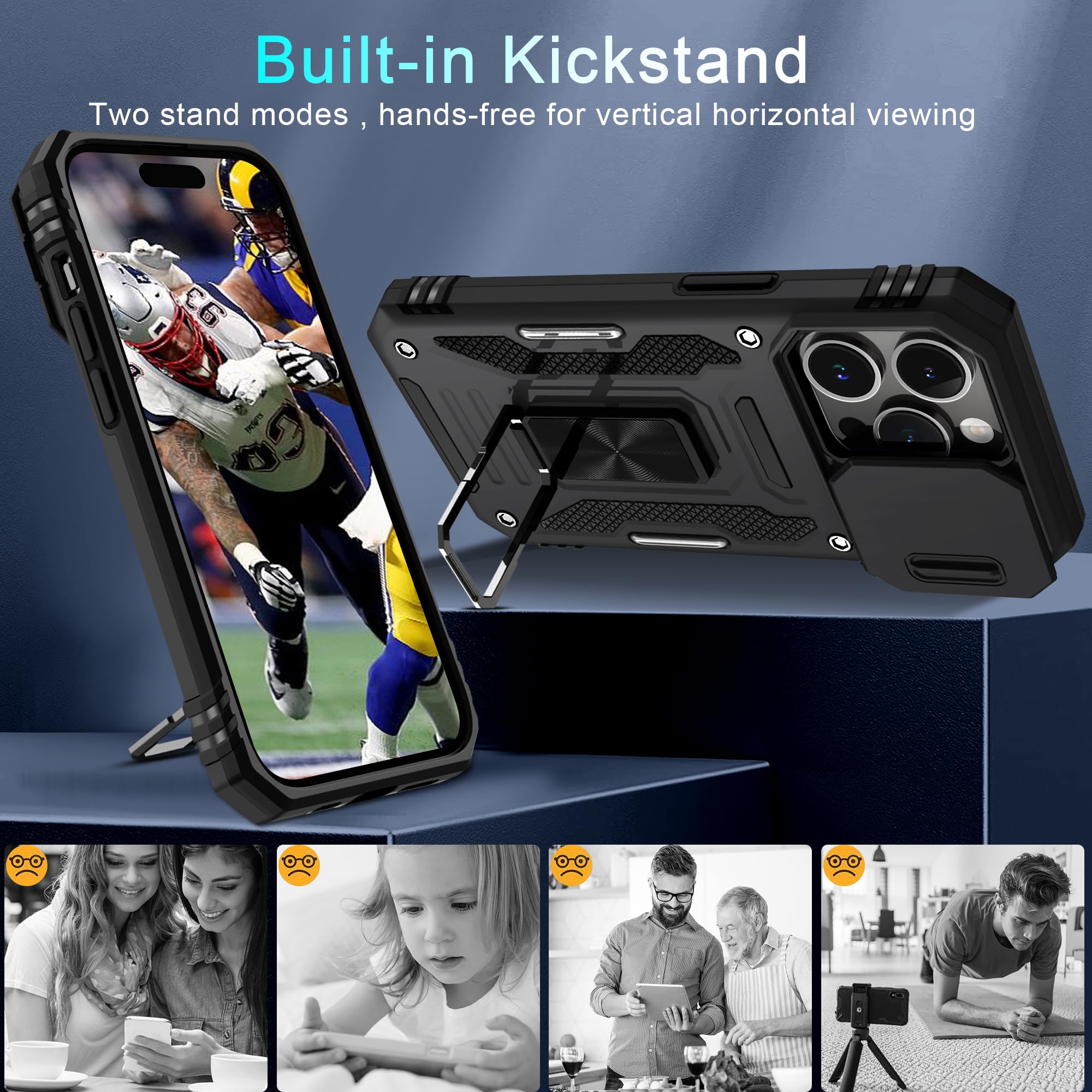 DEERLAMN iPhone 15 Pro Max Case with Slide Camera Cover & Screen Protector (6.7 Inch) - Military Grade Shockproof Protective Cover with Rotating Ring Kickstand - Black | Perfect for Outdoor Activities, Travel & Daily Protection