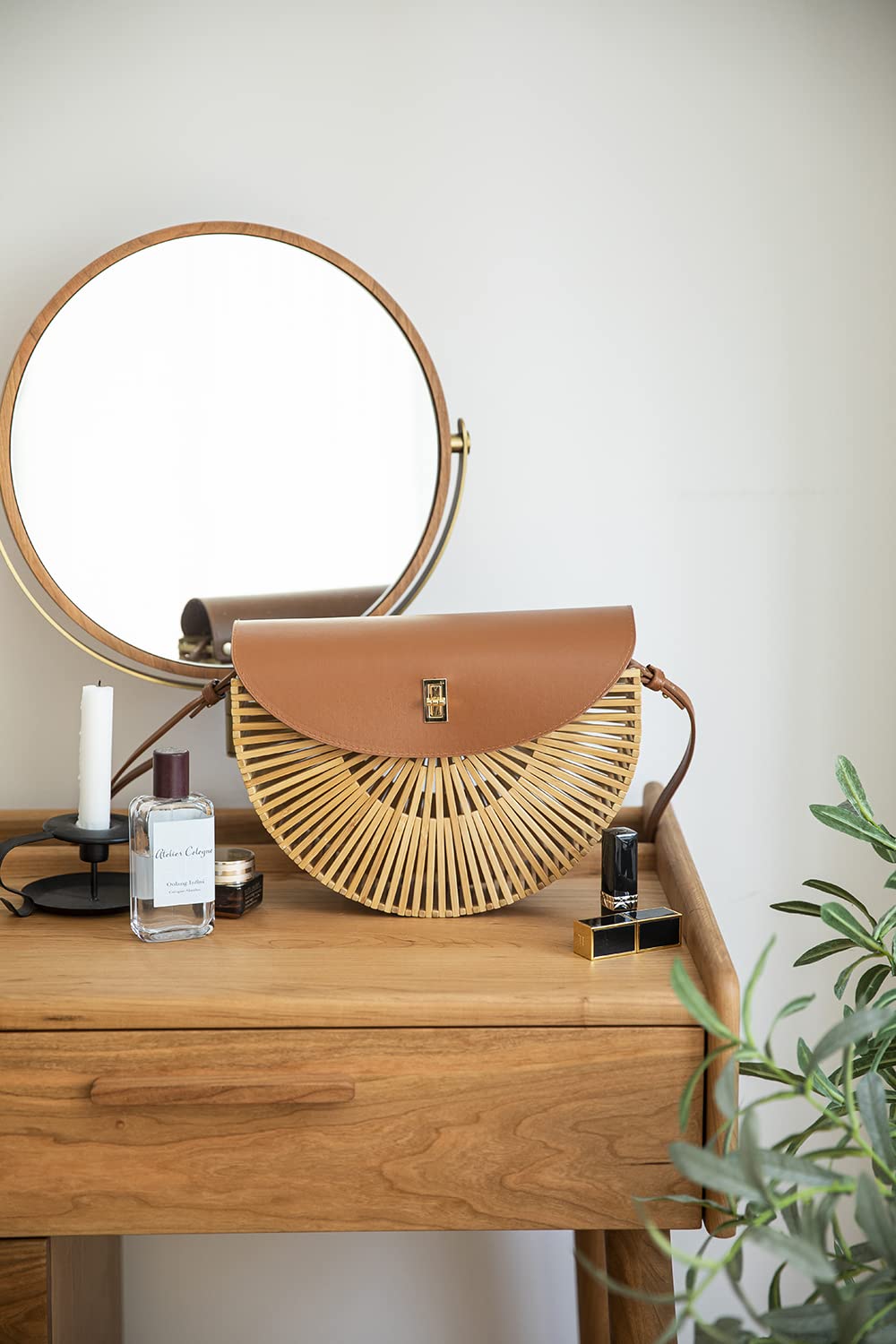 Handwoven Bamboo Crossbody Bag for Women - Natural Straw Purse with Leather Strap - Eco-Friendly Summer Beach Bag for Travel, Shopping & Outdoor Activities