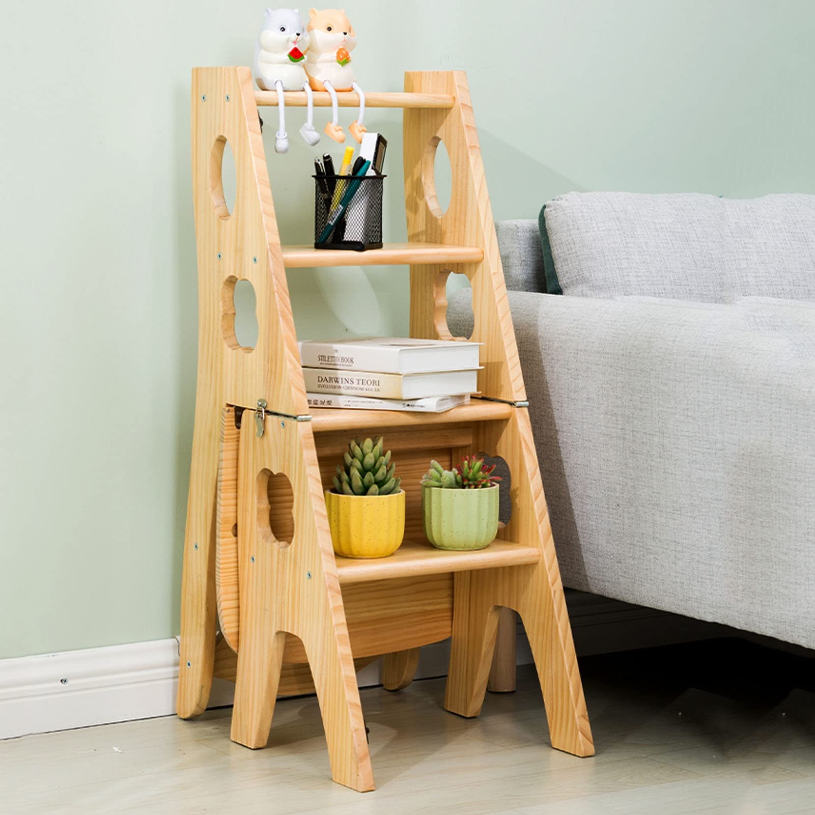SIGOLY Foldable Wooden Step Stool for Home - Indoor Climbing Stool, Portable Folding Ladder, Library Step Stool, Multi-Purpose Chair & Stair Combo - Perfect for Kitchen, Bathroom, Bookshelf Access & Home Organization