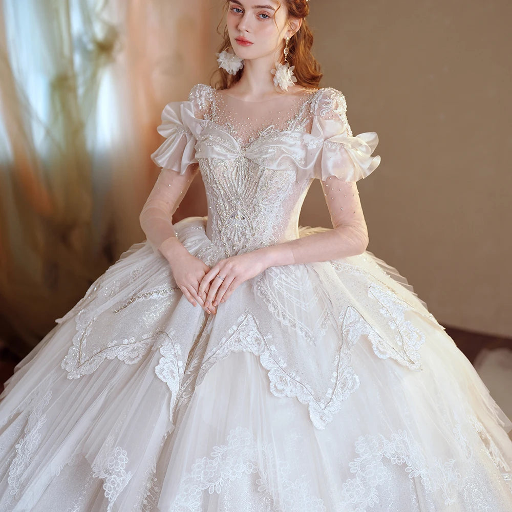 Elegant Organza O-Neck Long Sleeve Wedding Gown with Button Illusion Ruffles - Perfect for Bridal Ceremony, Formal Events & Romantic Photos