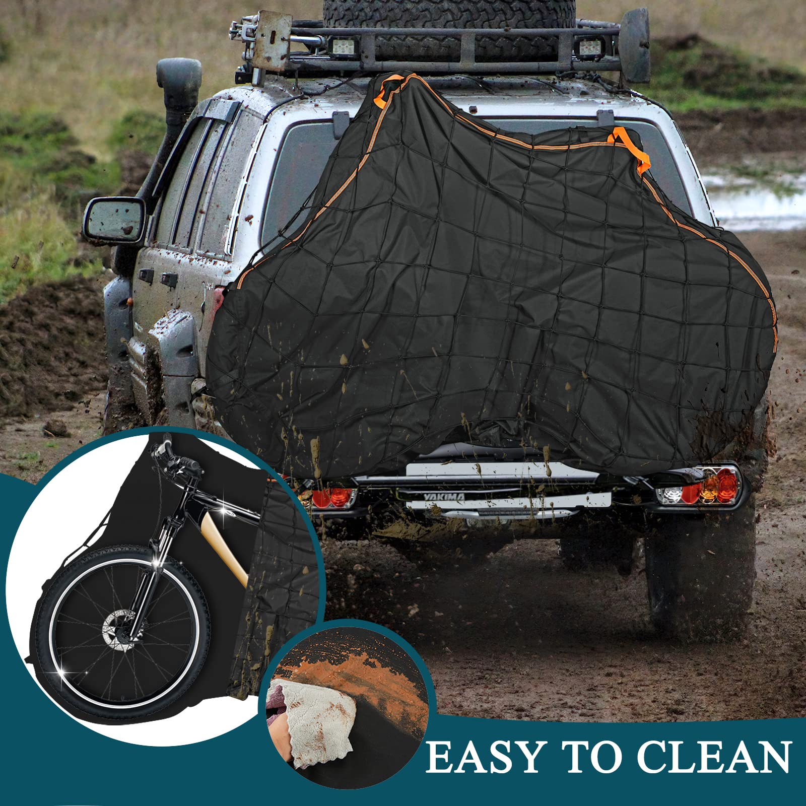 Heavy Duty 600D Oxford Bike Cover for 2 Bikes - Waterproof Tear-Resistant Bicycle Transport Cover with Adjustable Cargo Net - Perfect for Rear Bike Rack Protection During Travel & Outdoor Adventures