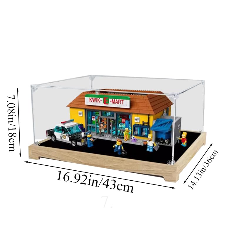Transparent Acrylic Display Case for Lego Simpsons Kwik-E-Mart 71016 - Wooden Background Showcase Box | Perfect for Collectible Protection & Home Decoration