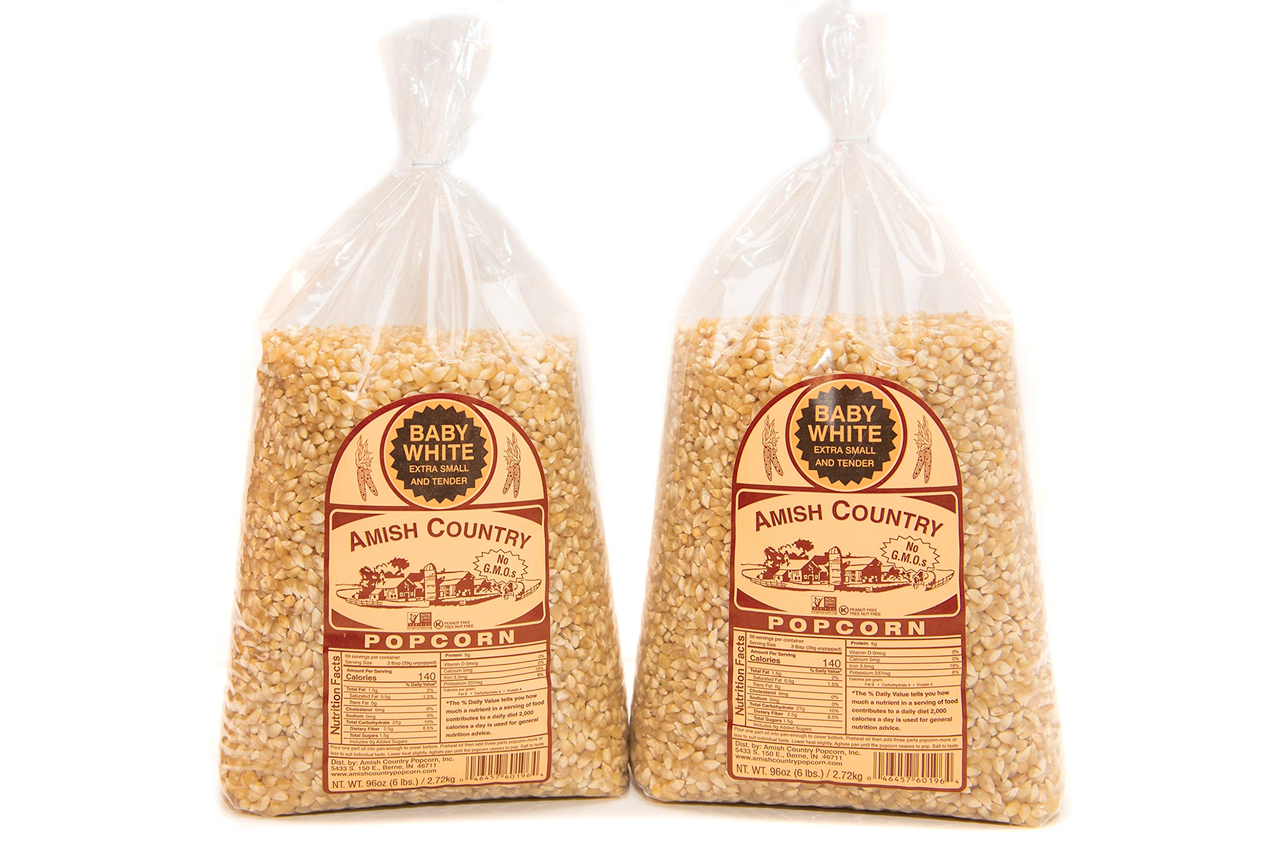 Amish Country Baby White Popcorn Kernels - Non-GMO, Gluten Free, Old Fashioned Popcorn (2-6 lb Bags) - Perfect for Movie Nights, Healthy Snacking & Gift Baskets
