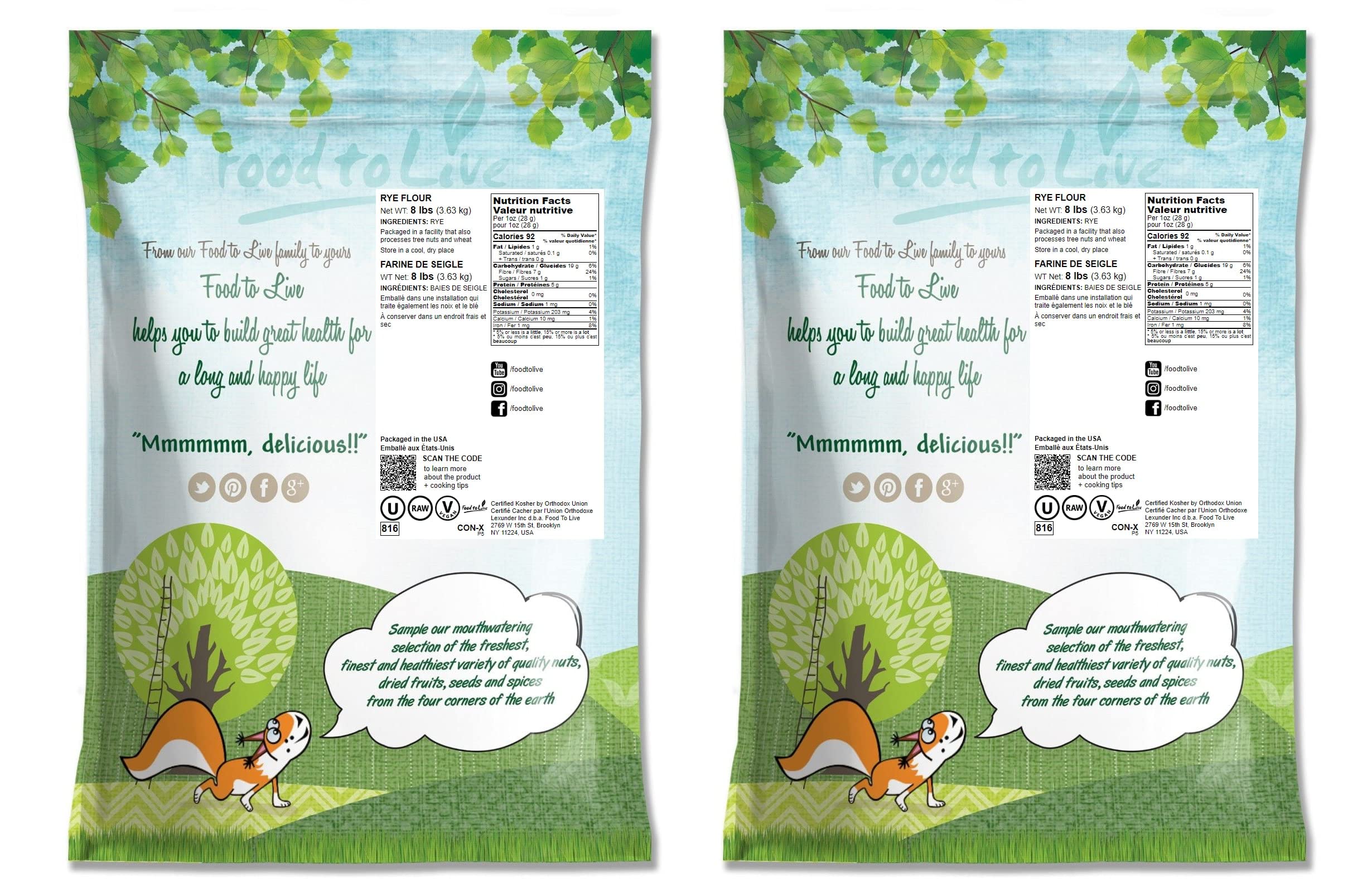 Food to Live Organic Stone Ground Rye Flour - 16 lb Bulk Bag, Whole Grain Rye Berries, Kosher & Vegan Certified, Perfect for Bread Baking, Sourdough & Artisan Loaves | USA Made | Ideal for Home Bakers & Professional Kitchens