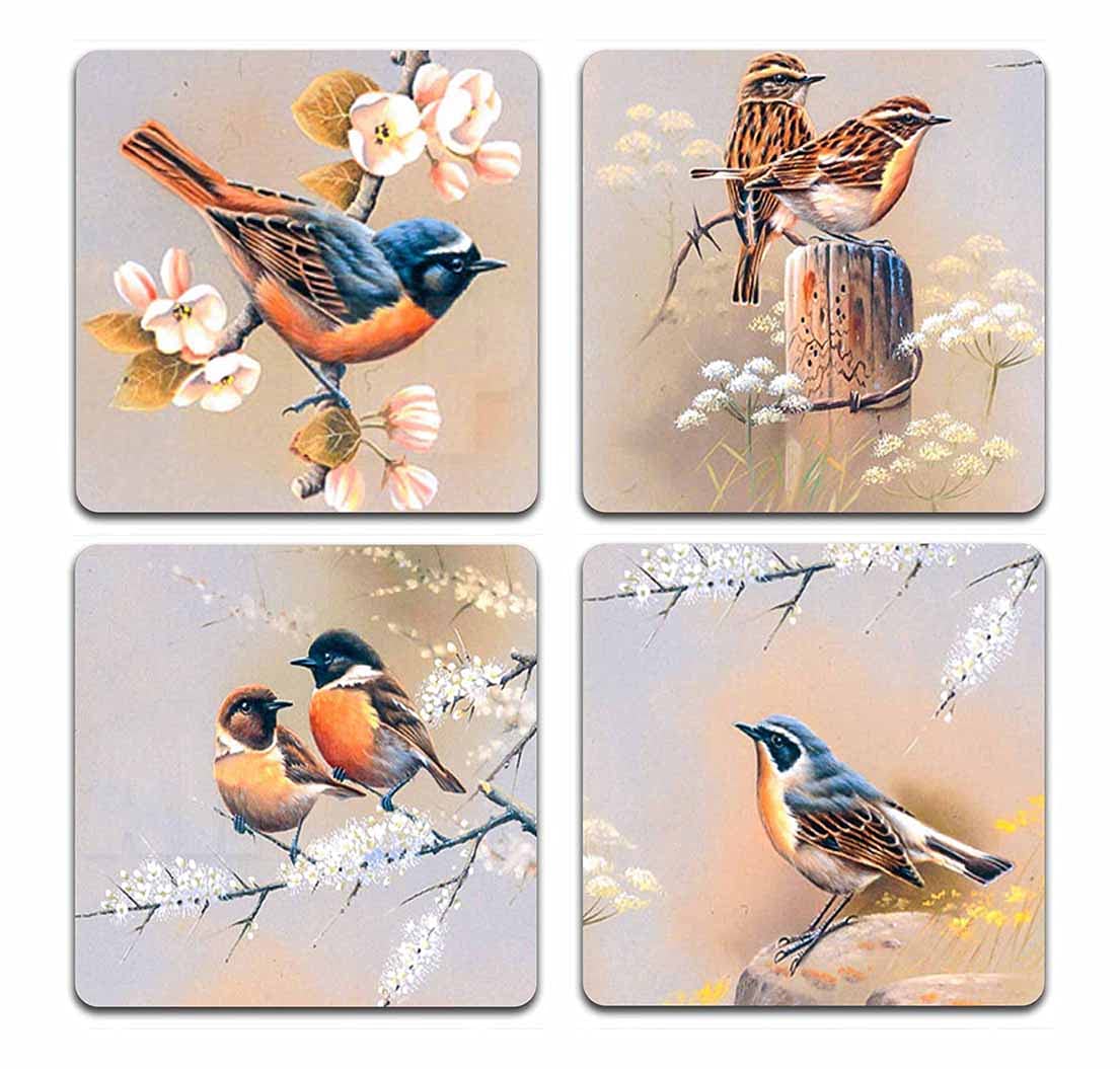 Eco-Friendly Artistic Bird Square Coaster Set - 4-Pack Polyester Fabric & Recycled Rubber Drink Coasters for Home, Office, and Party Decor