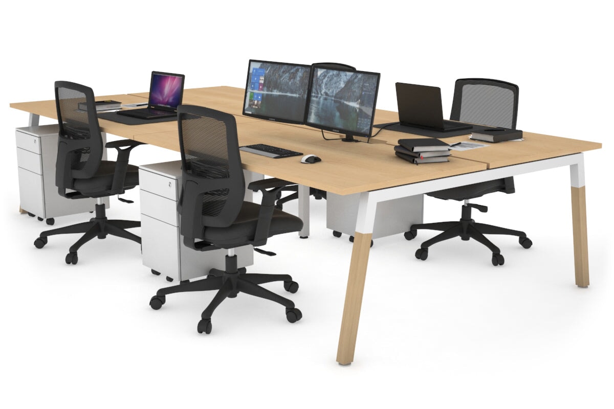 Quadro A Legs 4-Person Office Workstation with Wood Legs & Cross Beam - 1600L x 800W Dimensions with Cable Management Scallop | Perfect for Collaborative Workspaces, Home Offices & Shared Workstations