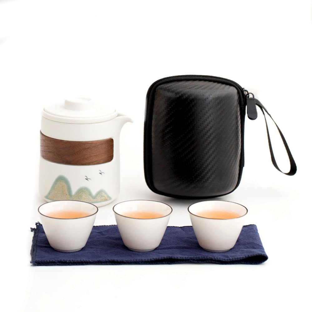 Premium Japanese Travel Tea Set - Ceramic Mountain Teapot with Infuser & 3 Gongfu Cups, Wood Handle & Portable Carrying Case (White) | Perfect for Camping, Office, Gifts & Japanese Tea Ceremonies