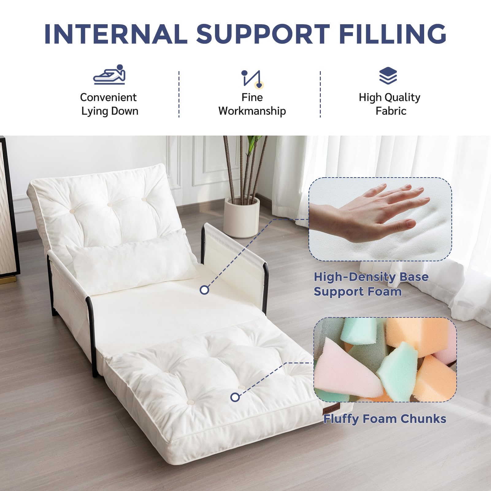 MAXYOYO Adjustable Floor Sofa Bed - Velvet Convertible Lazy Couch with Pillow & Armrests - Single Size Beige Sofa Sleeper for Living Room, Bedroom & Small Spaces