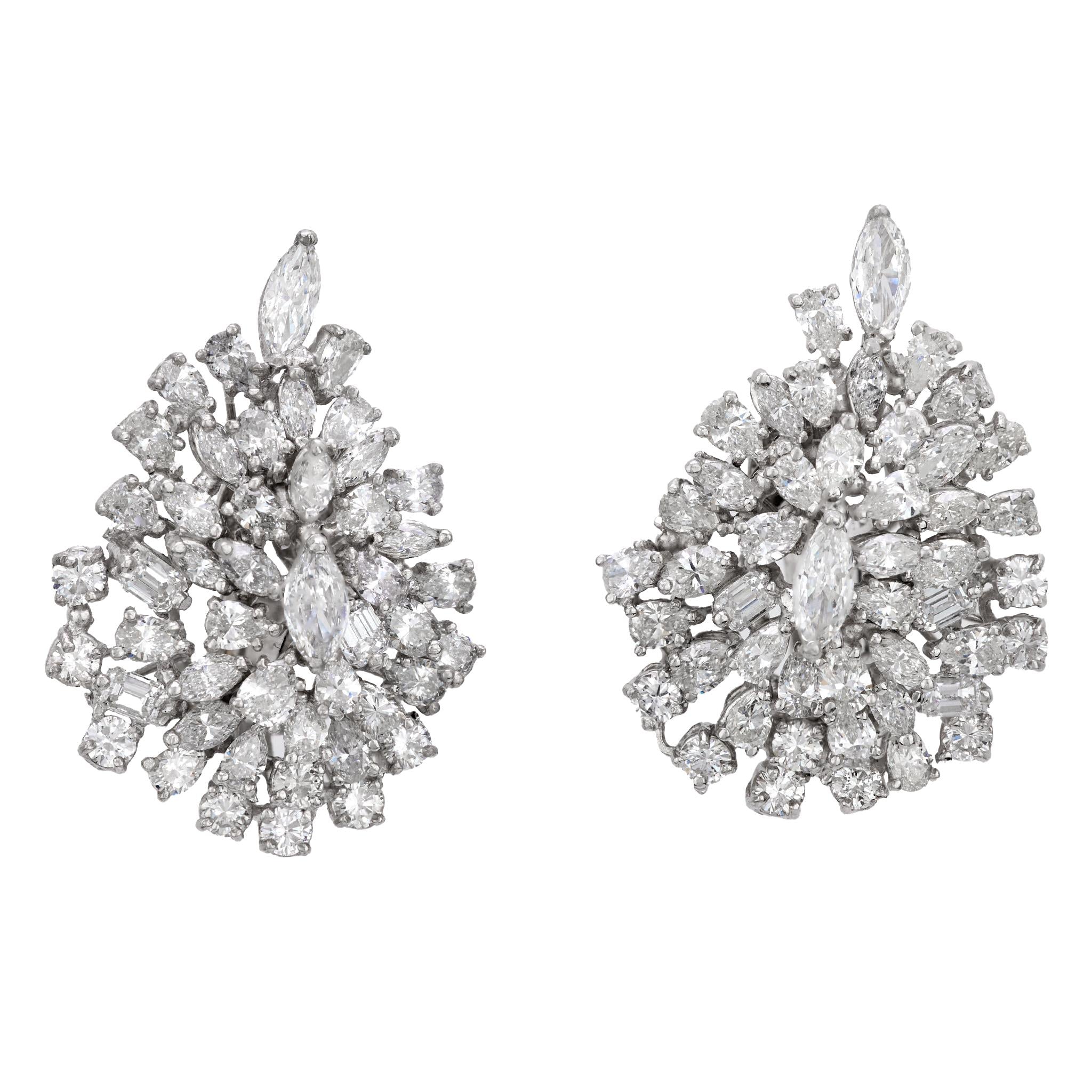 Vintage Mid Century 14K White Gold Diamond Cluster Earrings - Elegant 18K Gold Dangle Earrings for Women, Perfect for Weddings, Anniversaries & Special Occasions