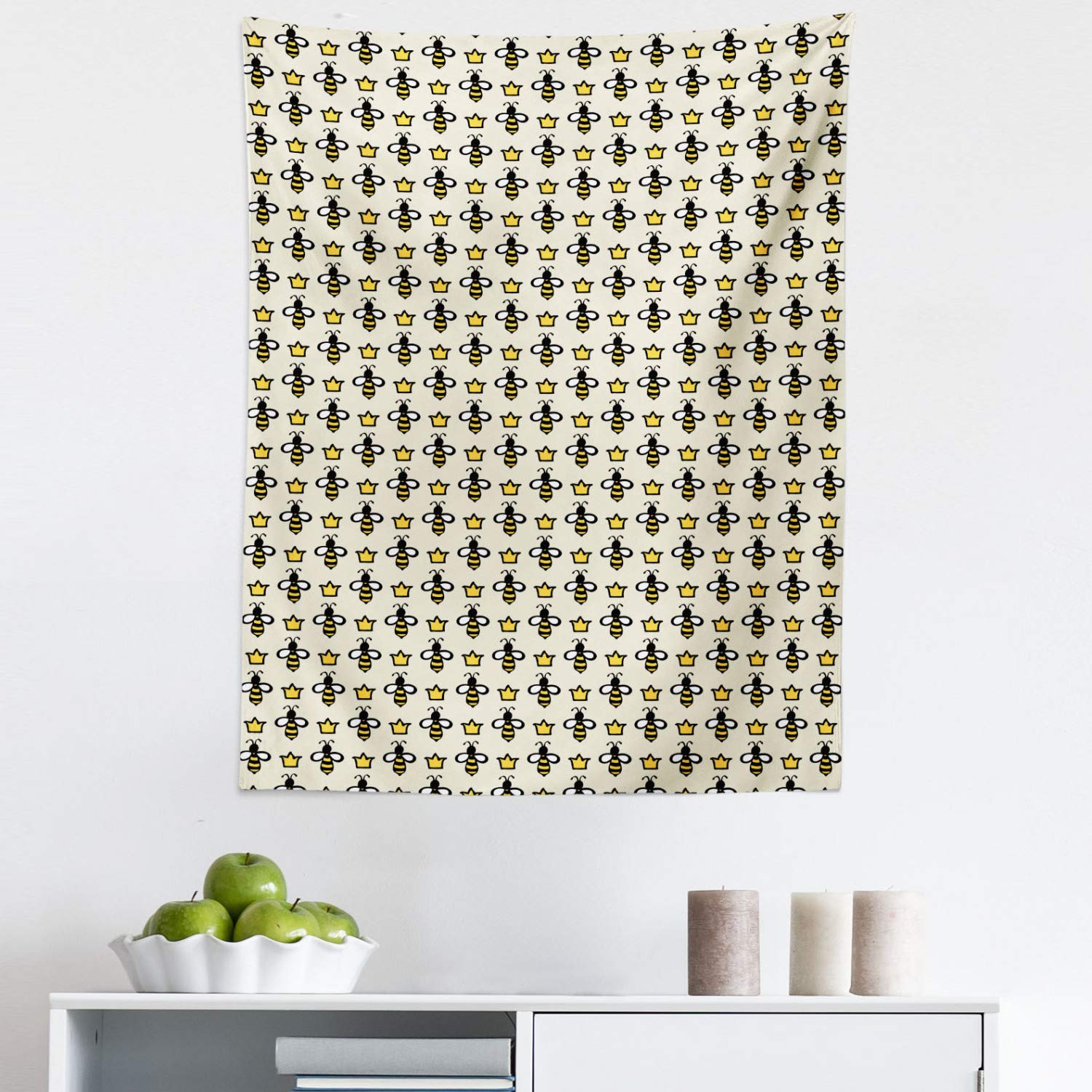 Ambesonne Queen Bee Tapestry Wall Art - Hand Drawn Cartoon Bees & Crowns Pattern - 23x28 Inch Fabric Wall Hanging Decor for Bedroom, Living Room, Dorm - Eggshell Mustard Color - Perfect for Boho Home Decor, Nursery Theme or Beekeeper Gift