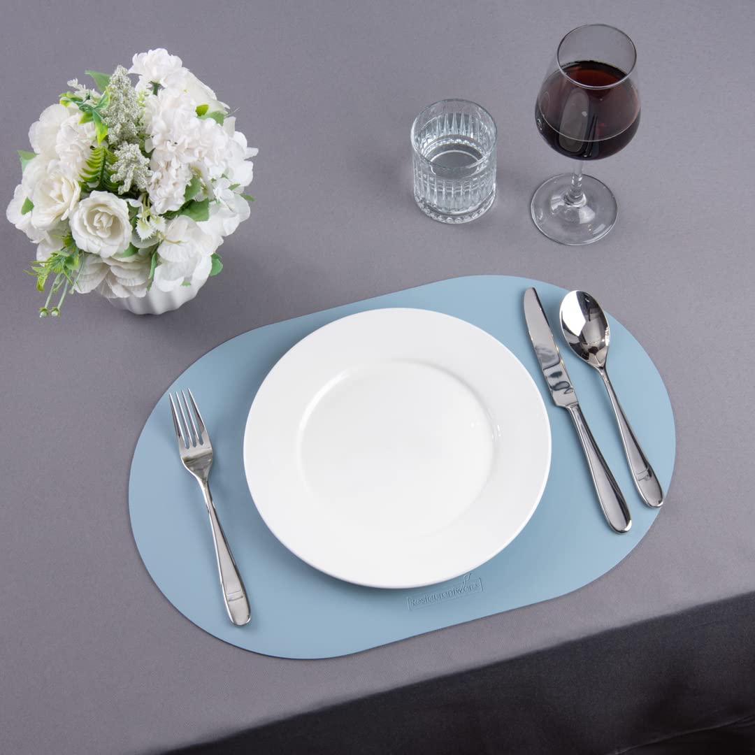 16 Inch Oval Vinyl Placemats Set of 6 - Stain-Resistant, Embossed Light Blue Table Mats with Leather-Like Feel - Protects Dining Table Surfaces - Perfect for Restaurants, Home Dining & Kitchen Decor