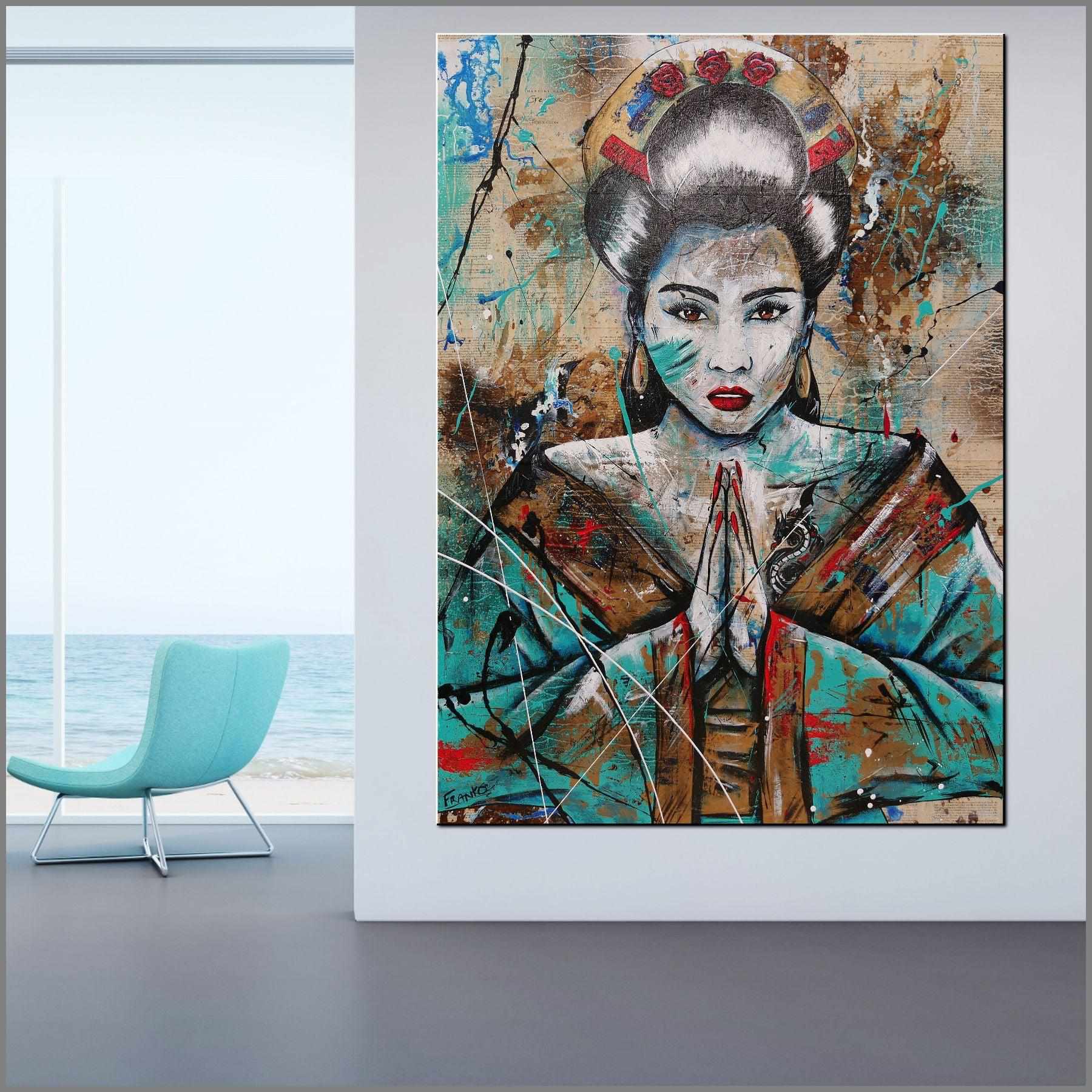 140cm x 100cm Hisui Jade Geisha Urban Pop Art Painting - Modern Home Decor for Living Room, Bedroom & Office - Perfect Gift for Book Club Members & Art Lovers
