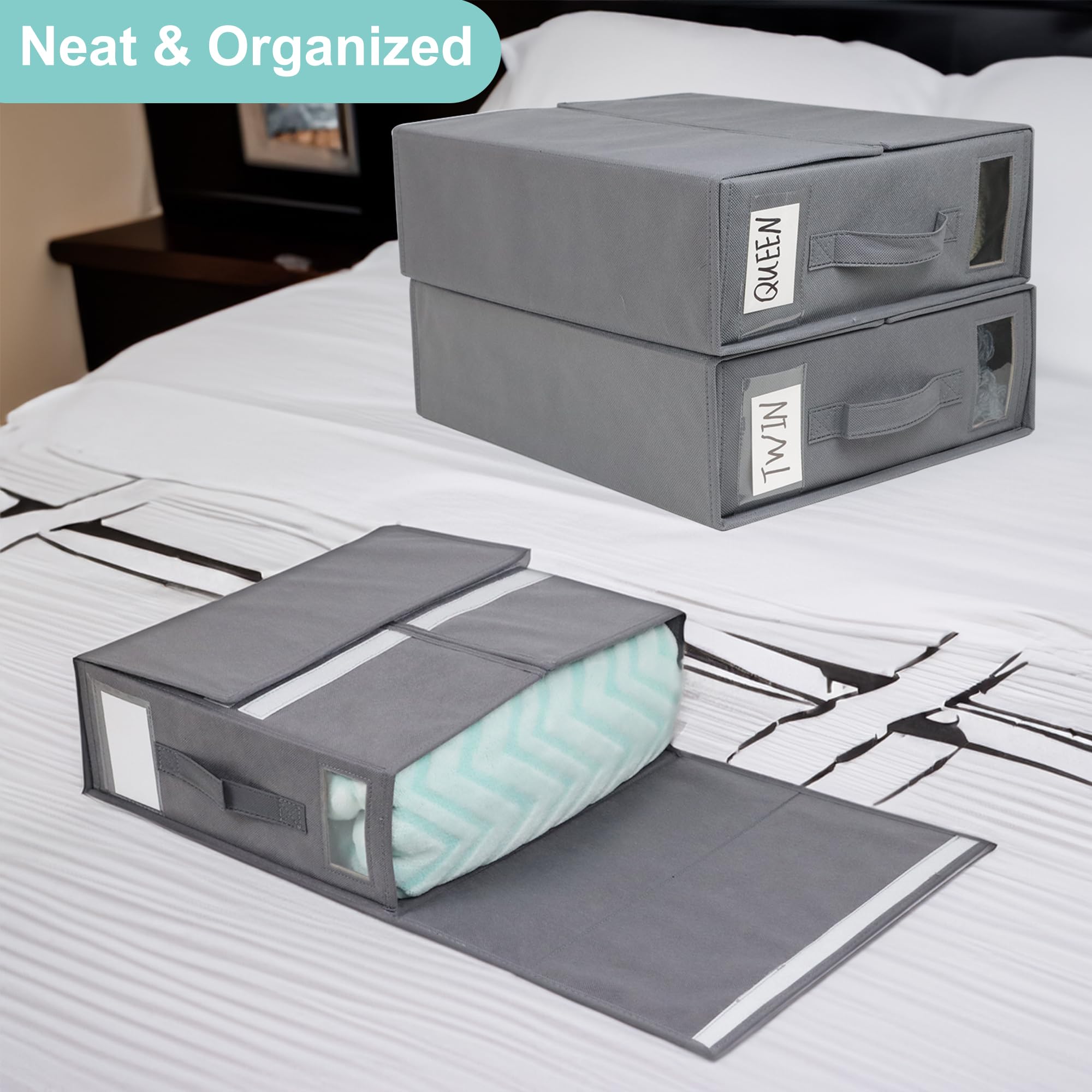 3-Pack Foldable Fabric Bed Sheet Organizers with Zipper - Queen/King Size Storage Box for Bedding Sets, Duvet Covers & Pillowcases | Perfect for Linen Closet Organization & Space Saving in Bedrooms