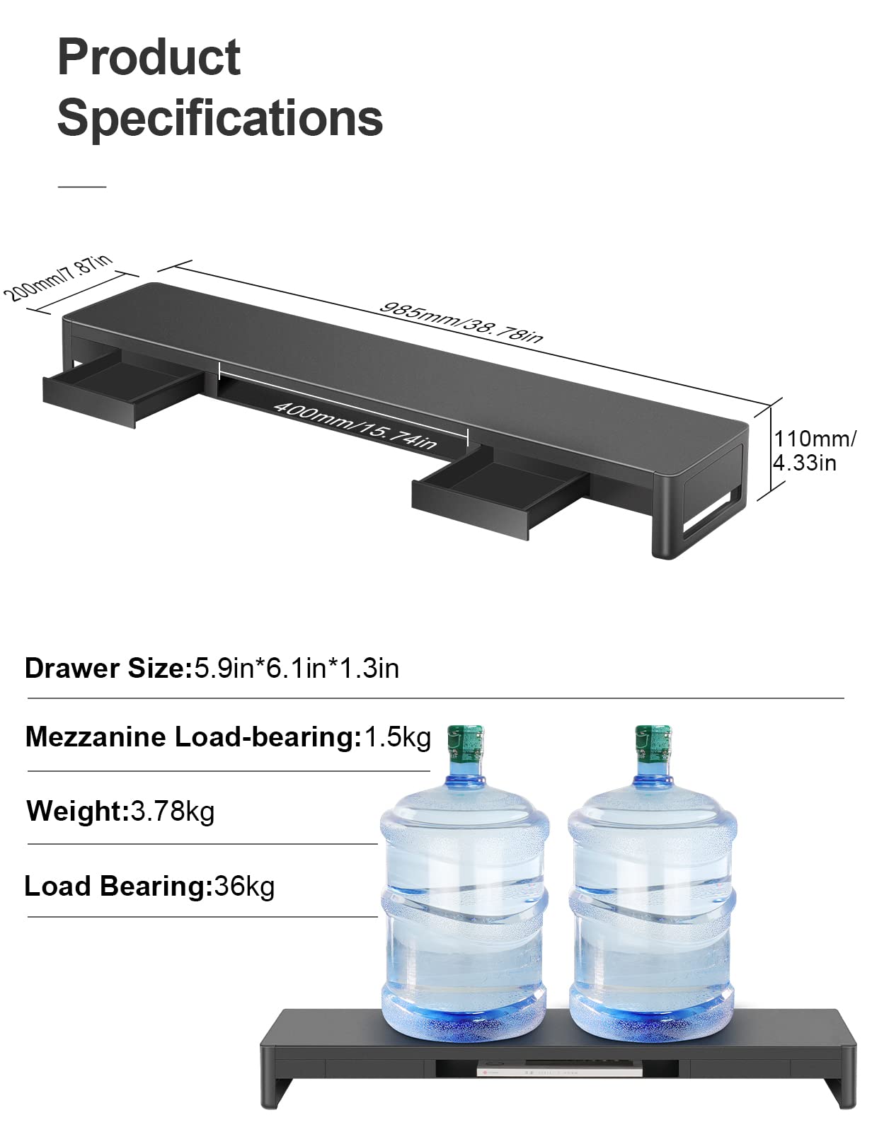 Dual Monitor Stand with 2 Storage Drawers - Metal Computer Monitor Riser with Pull-Out Drawers for Keyboard & Mouse - Desktop Organizer for PC, Laptop, TV & Printer - Perfect for Home Office & Gaming Setup