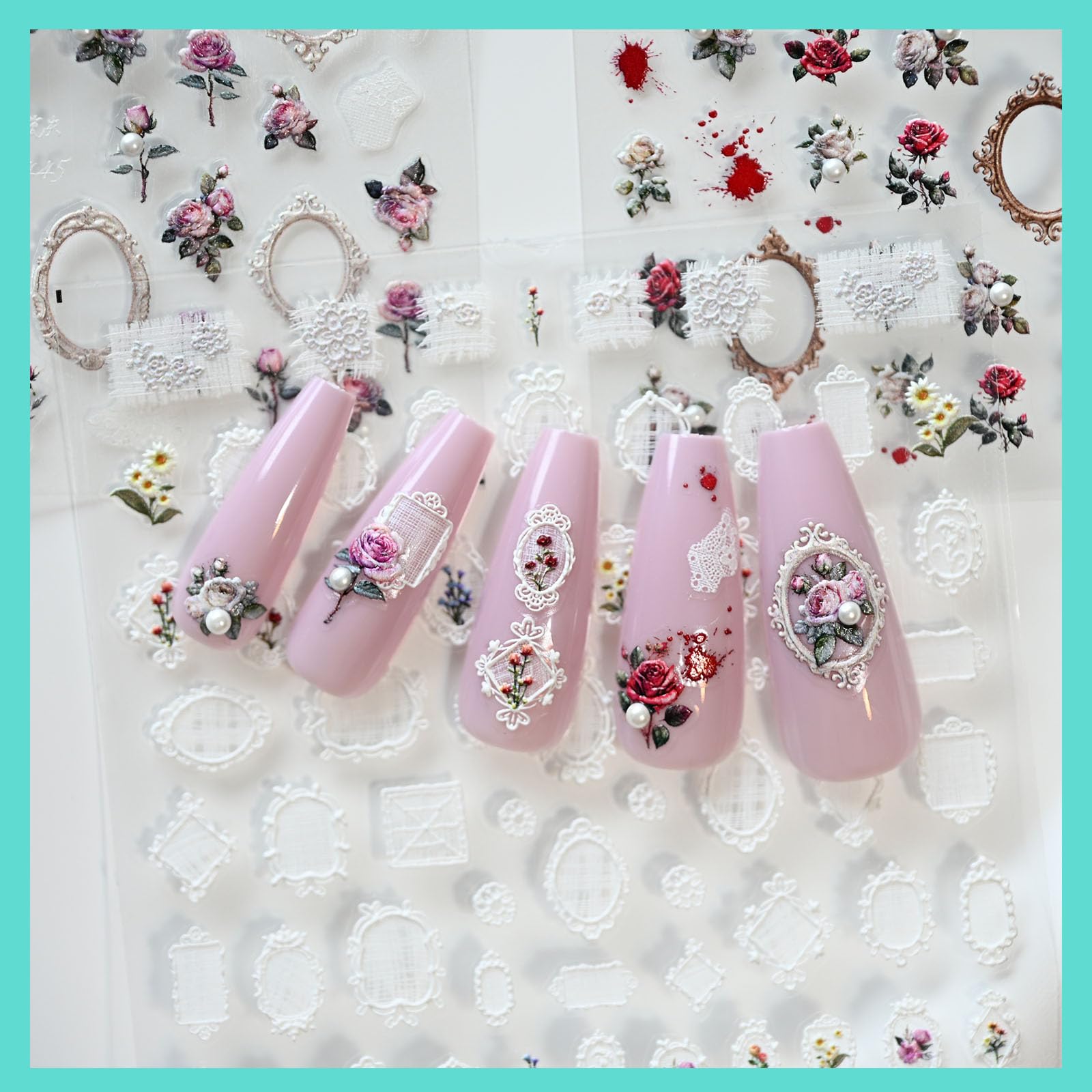 Vintage Rose Flower Nail Art Stickers with Pearl Rhinestones - Self-Adhesive Nail Decals for Women, 3 Sheets - Perfect for Bridal, Party & Special Occasion Nail Designs