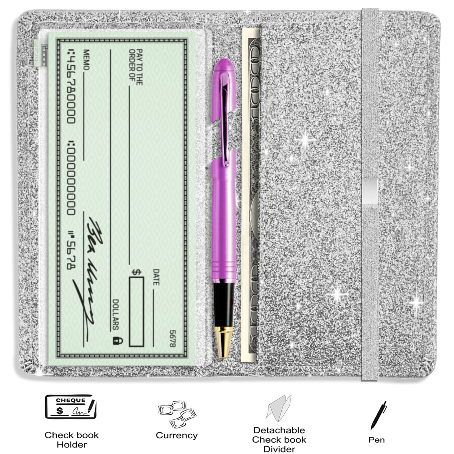 LOLOMLO Sparkling Glitter Checkbook Cover for Women & Girls - RFID Blocking PU Leather Checkbook Holder with Pen Loop & Elastic Strap - Fits Top/Side Tear Checks - Perfect for Office, Banking & Gift Giving (Silver)