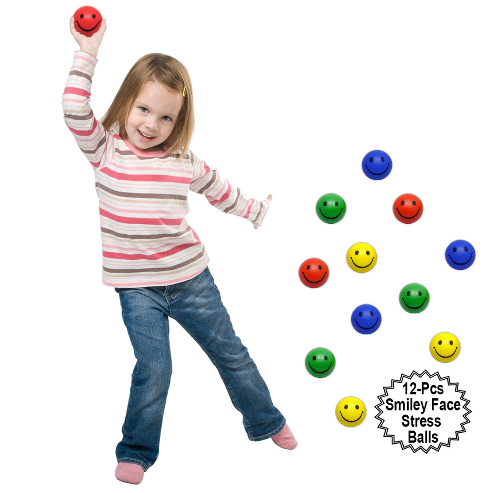 12 Pack Happy Face Stress Balls - 2.5 Inch Colorful Therapy Squeeze Balls with Smile Design for Anxiety Relief, Office Desk Toys & Party Favors - Perfect for Goodie Bags, Classrooms and Stress Management