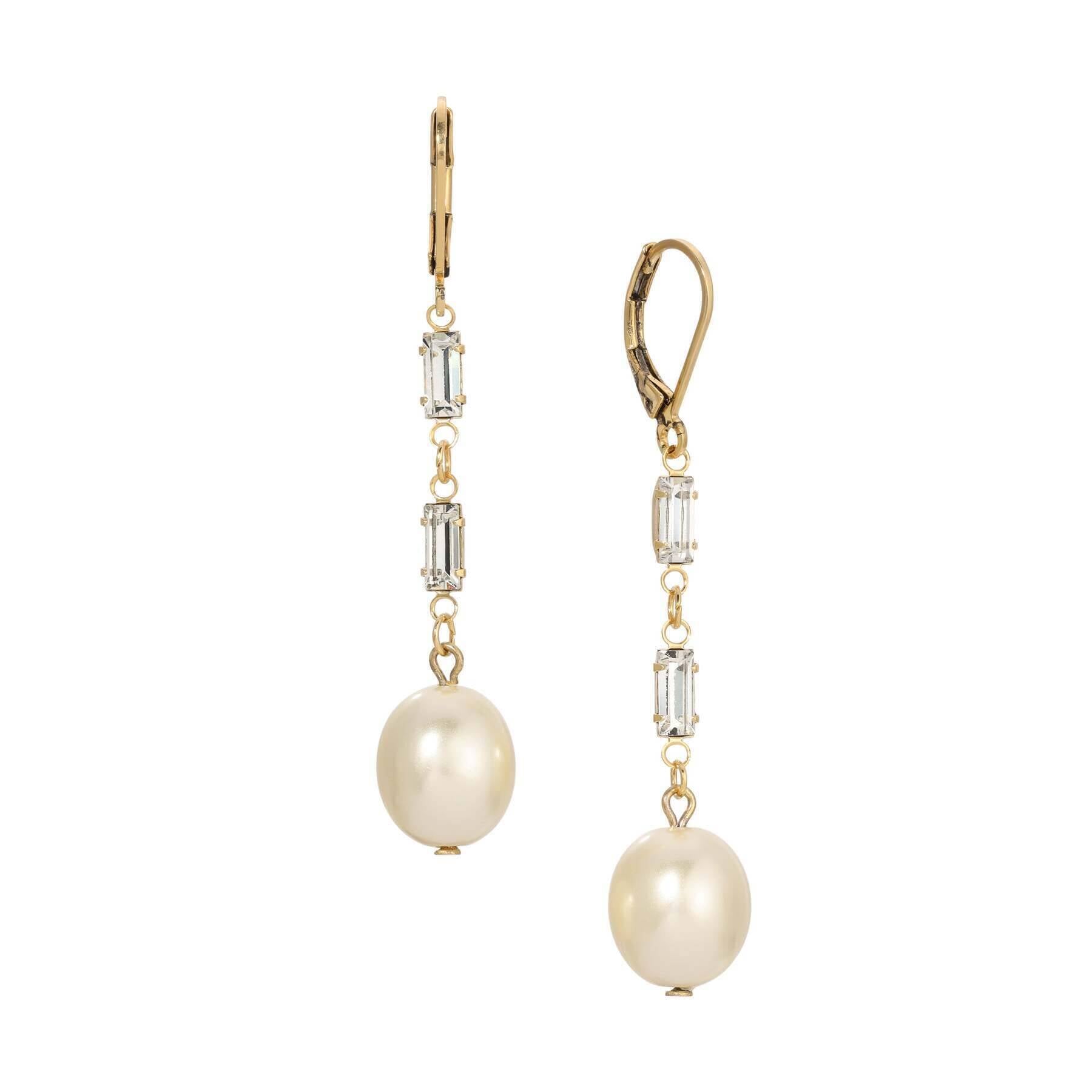 1928 Jewelry Bridal Bliss Faux Pearl & Baguette Crystal Linear Drop Earrings - Elegant Wedding & Evening Party Accessories for Women