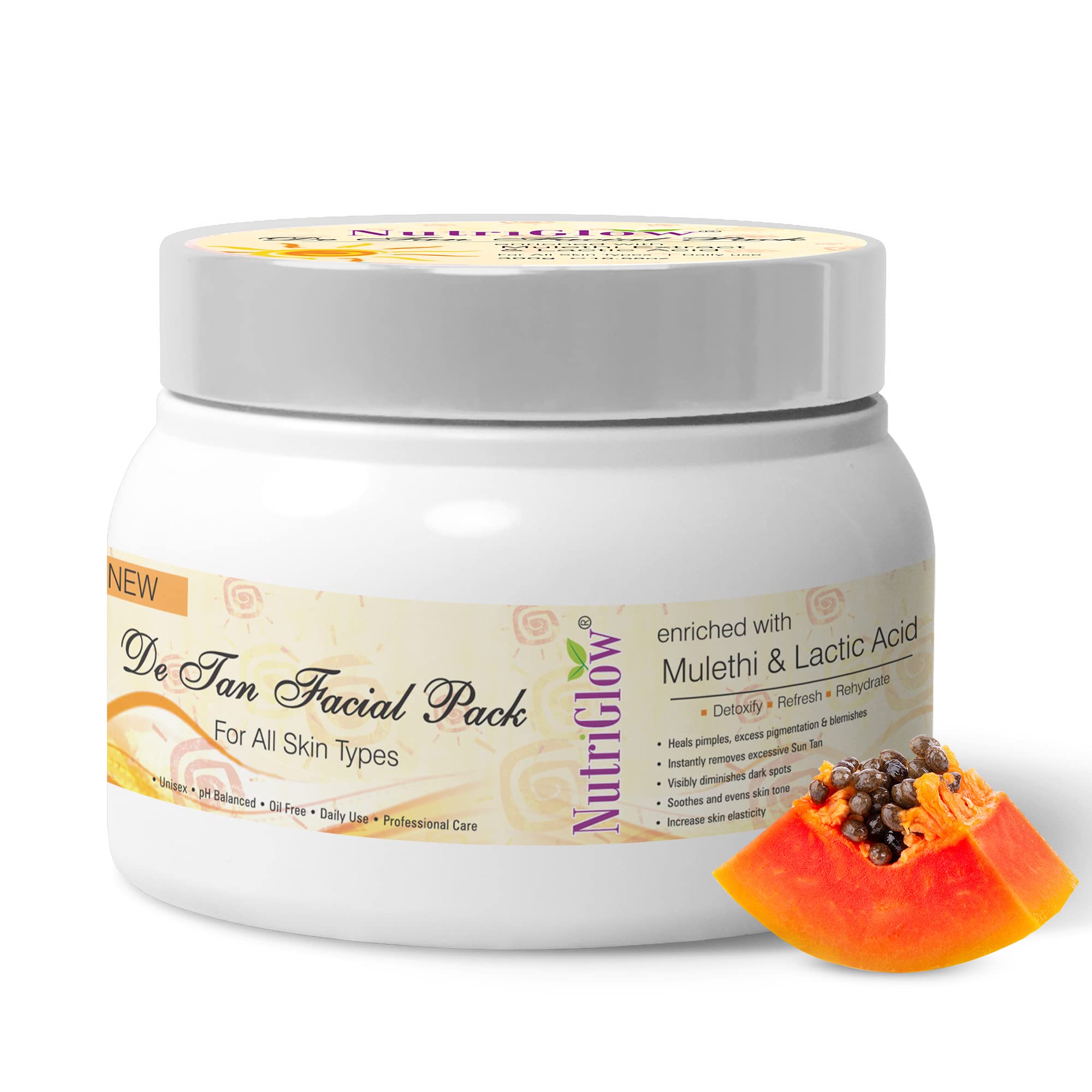 NutriGlow De Tan Facial Pack with Mulethi & Lactic Acid - Tan Removal, Exfoliation, Acne Treatment for All Skin Types (300g) | Brightens Skin, Reduces Blemishes & Pimples | Perfect for Daily Skincare & Post-Sun Care Routine