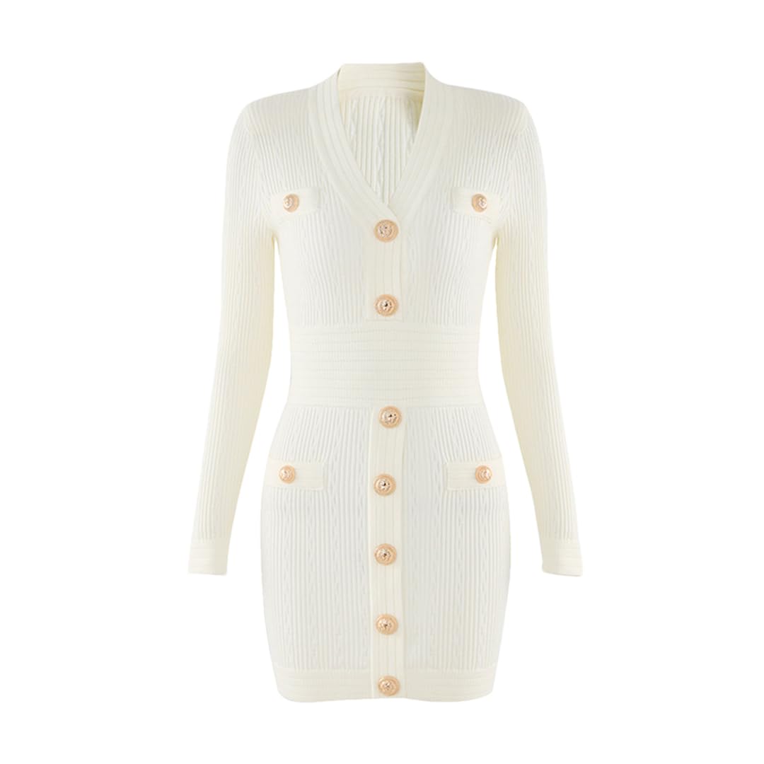 Women's Autumn Long Sleeve Knitted Dress - V-Neck Sheath Mini Dress in 4 Colors | Casual Fall Outfit for Work, Date Night & Weekend Wear