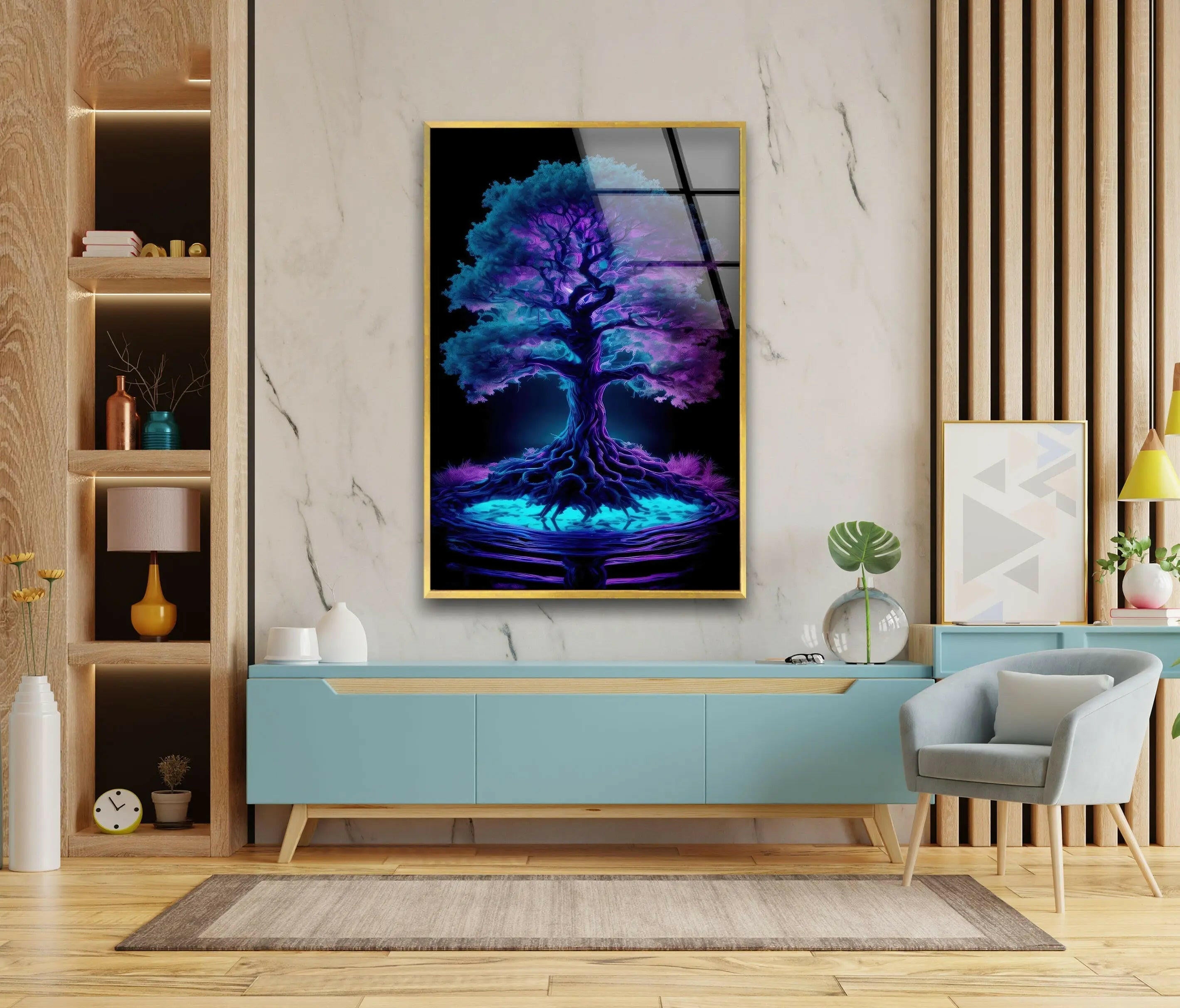 Handmade Blue Purple Tree Stained Glass Wall Art - Nature Inspired Sun Catcher Window Decor for Living Room, Bedroom & Office