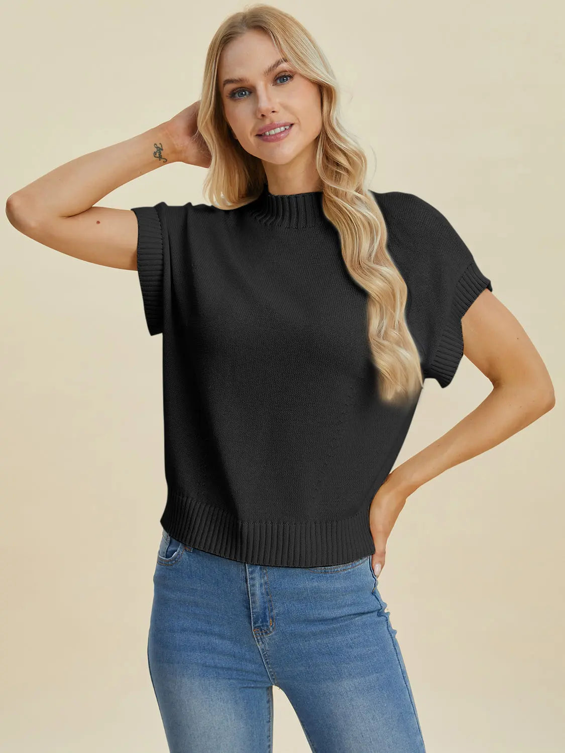 Double Take Full Size Mock Neck Short Sleeve Sweater for Women - Soft Knit Pullover Top for Casual Wear & Office Outfits | Perfect for Fall & Winter Layering
