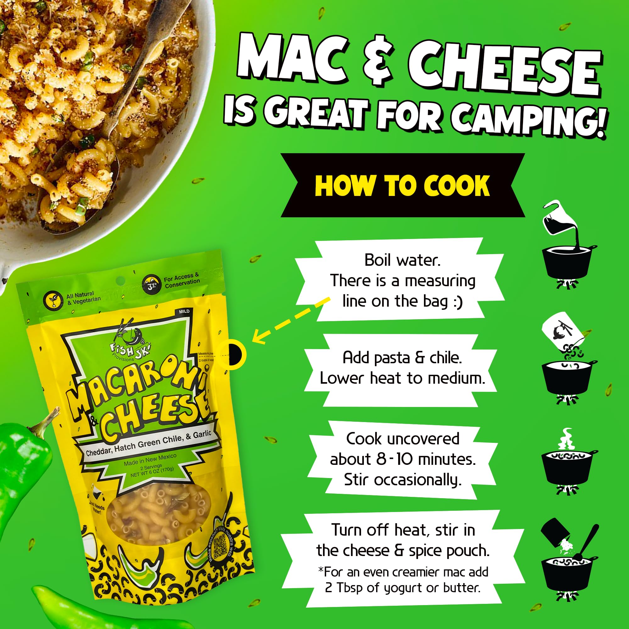 FishSki Provisions Macaroni and Cheese with Hatch Green Chile, Cheddar Cheese & Garlic - 6 oz Bags (24 Pack) | Quick & Easy Meal for Camping, Office Lunches & Family Dinners
