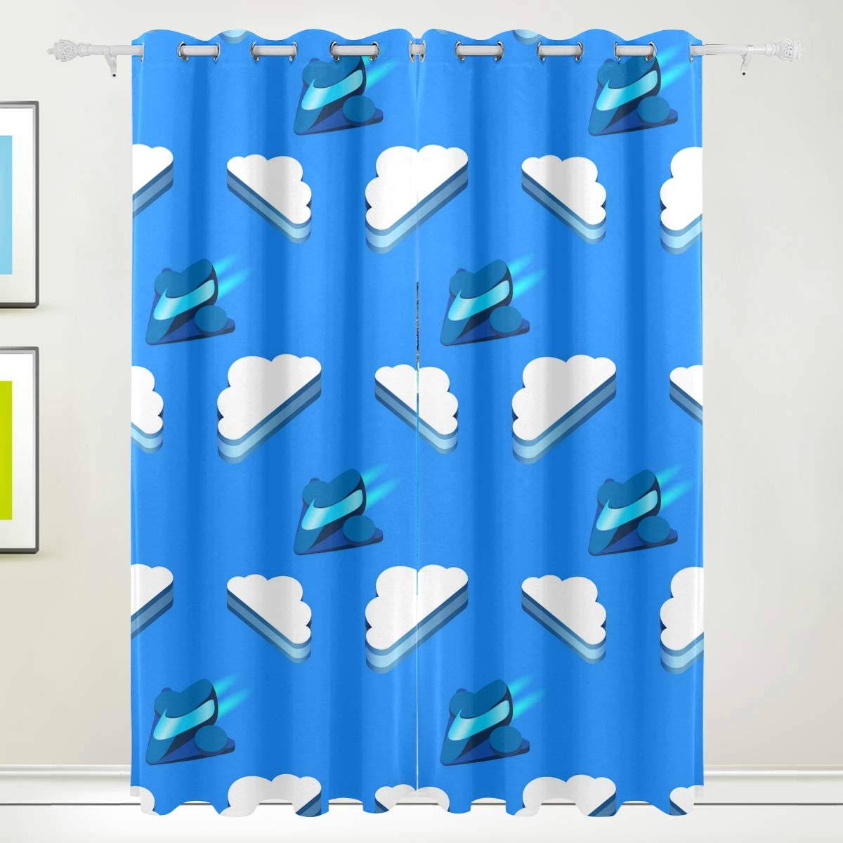 Blackout Curtains for Bedroom & Studio - Thermal Insulated Darkening Window Panels (84x55 Inch, 2 Panels) | White Clouds & Futuristic Planes Design | Perfect for Light Blocking, Privacy & Temperature Control