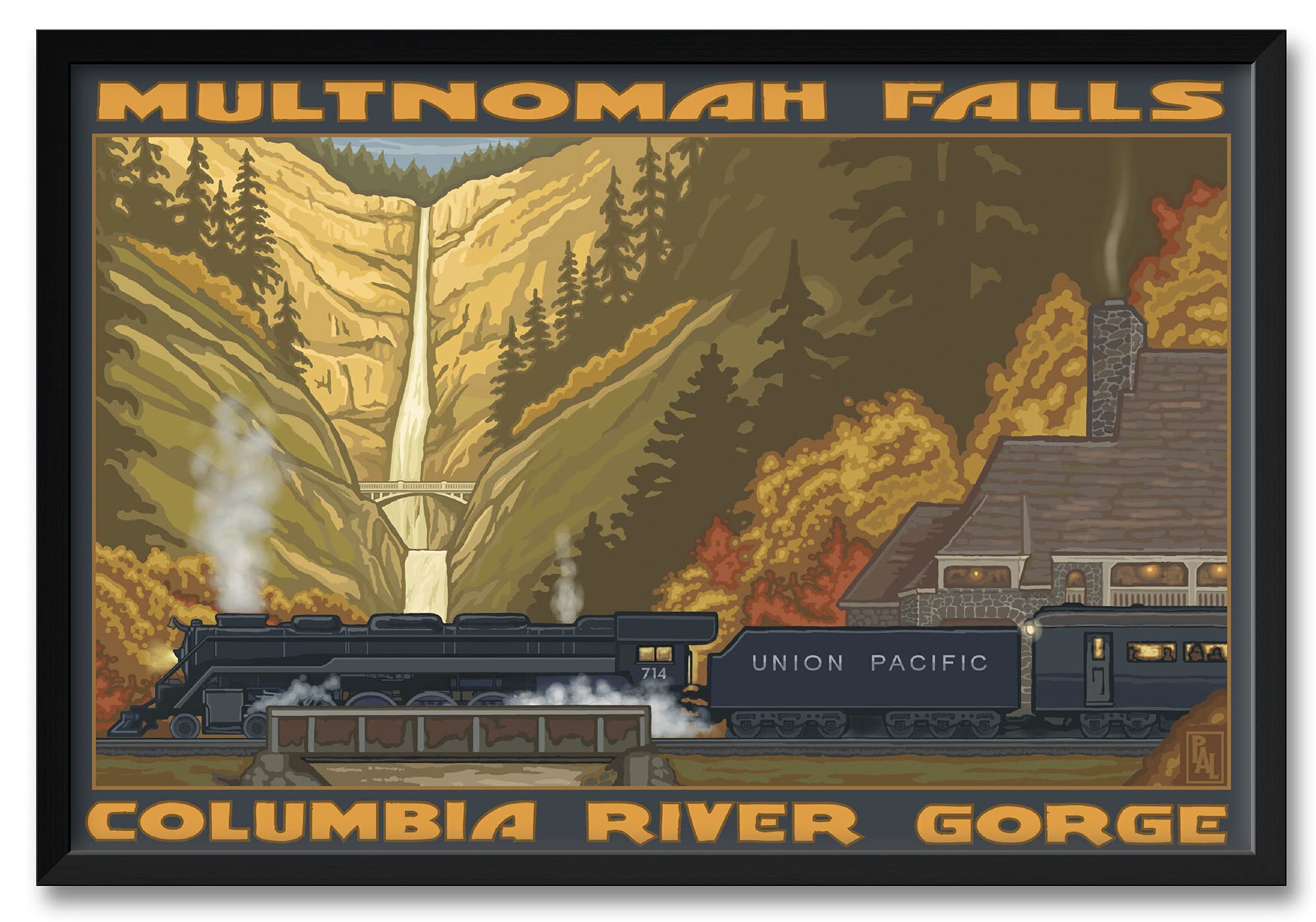 Paul A. Lanquist Framed Art Print - Multnomah Falls Landscape Painting - Professional Horizontal Framing 32x47 Inches - Perfect for Living Room, Office & Home Decor