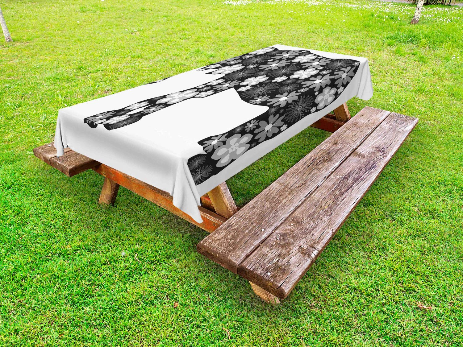 Ambesonne Animal Print Outdoor Tablecloth - Floral Elephant Design with Flower Petals, Tropical Boho Style Washable Picnic Table Cover, 58x120 Inches, Grey & White - Perfect for Zoo Themed Parties, Garden Dining, and Outdoor Picnics