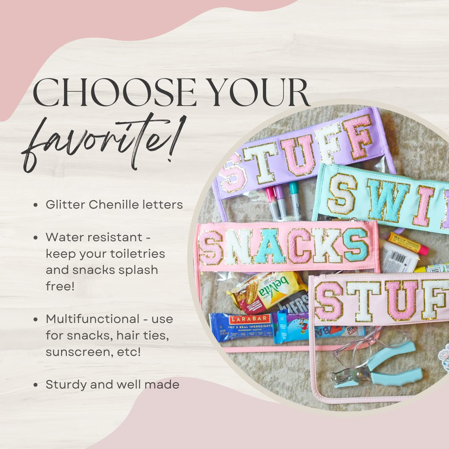 Personalized Clear Pouch with Varsity Patches - Travel Makeup & Snack Bag for School & Outings