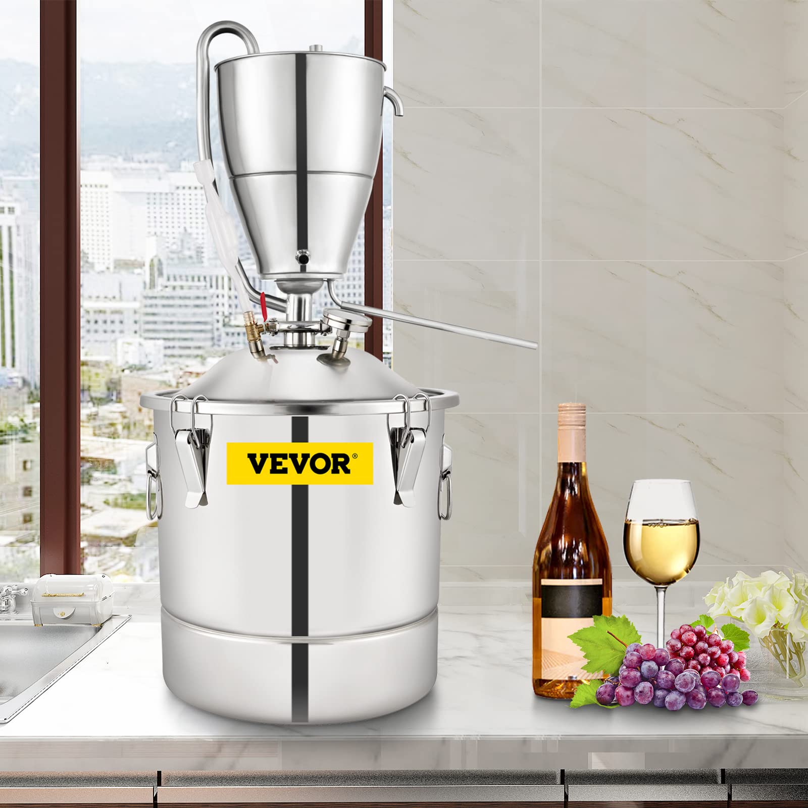 VEVOR 8 Gal/30L Alcohol Water Distiller, 304 Stainless Steel Home Distilling Kit with 6-Lap Coil, Thermometer & Pump - Perfect for Whiskey, Brandy, Essential Oil Making, Home Brewing & DIY Distillation Projects
