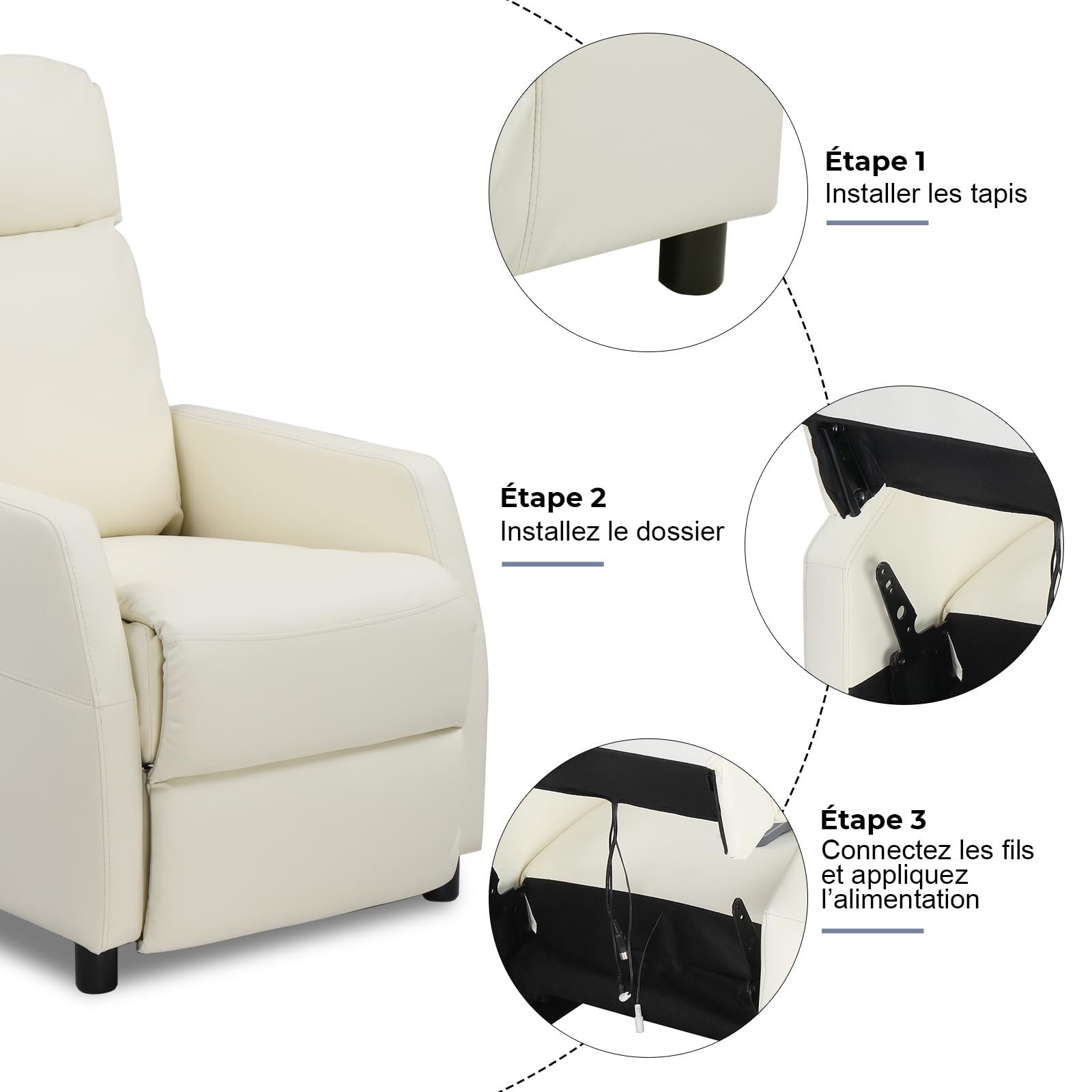 LEADZM Electric Massage Recliner Chair with Heating, Manual Rocking Backrest, Cream White PU Leather - Perfect for Living Room, Bedroom & Home Theater Relaxation
