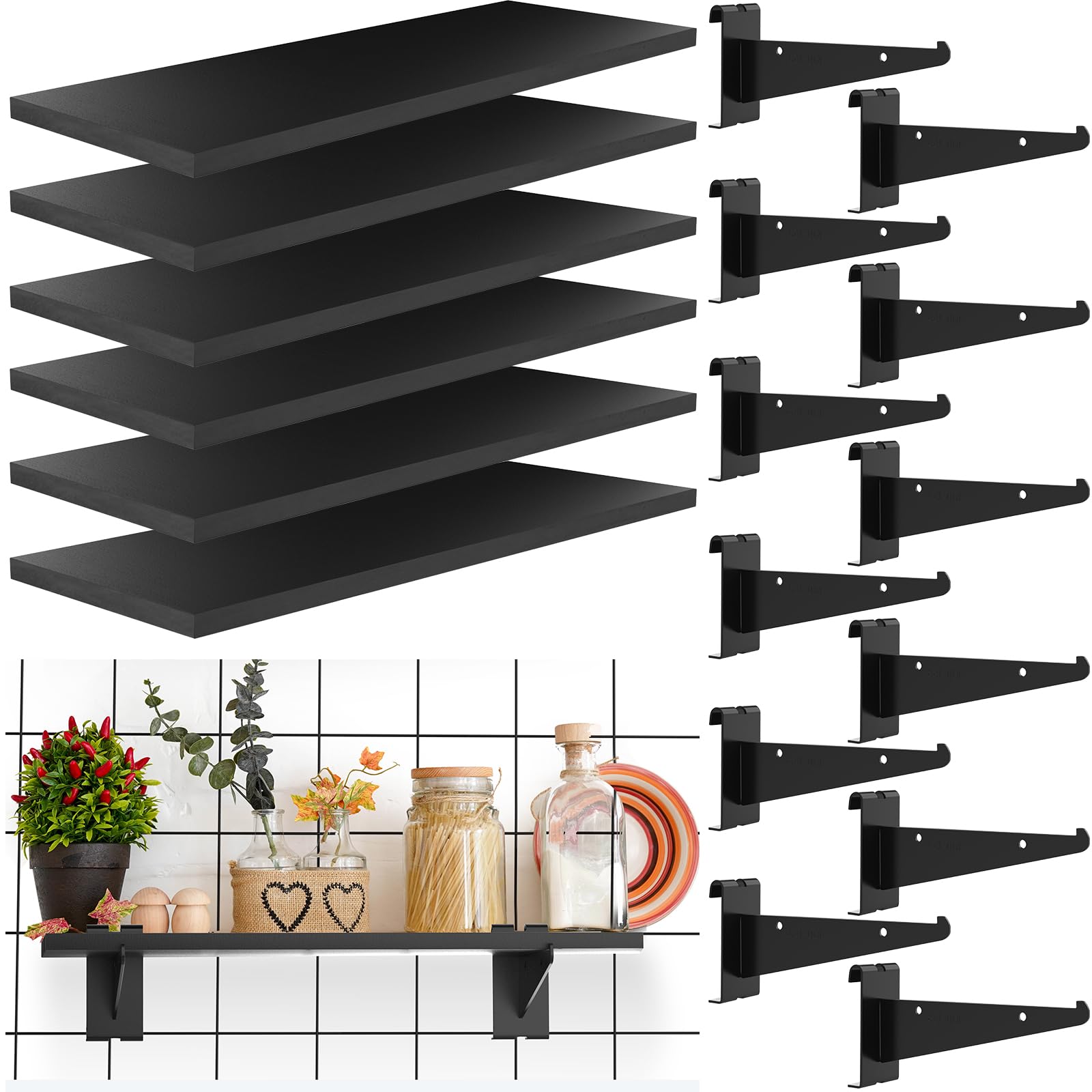 6 Pack Wooden Gridwall Shelves 15.7 x 6 Inches - Heavy Duty Metal Bracket Grid Wall Shelving Organizer for Home, Garage, Retail Store Display & Storage (6, 15.7 x 6 x 0.6 inches) - Perfect for Organizing Shoes, Tools, Books & Decorative Items