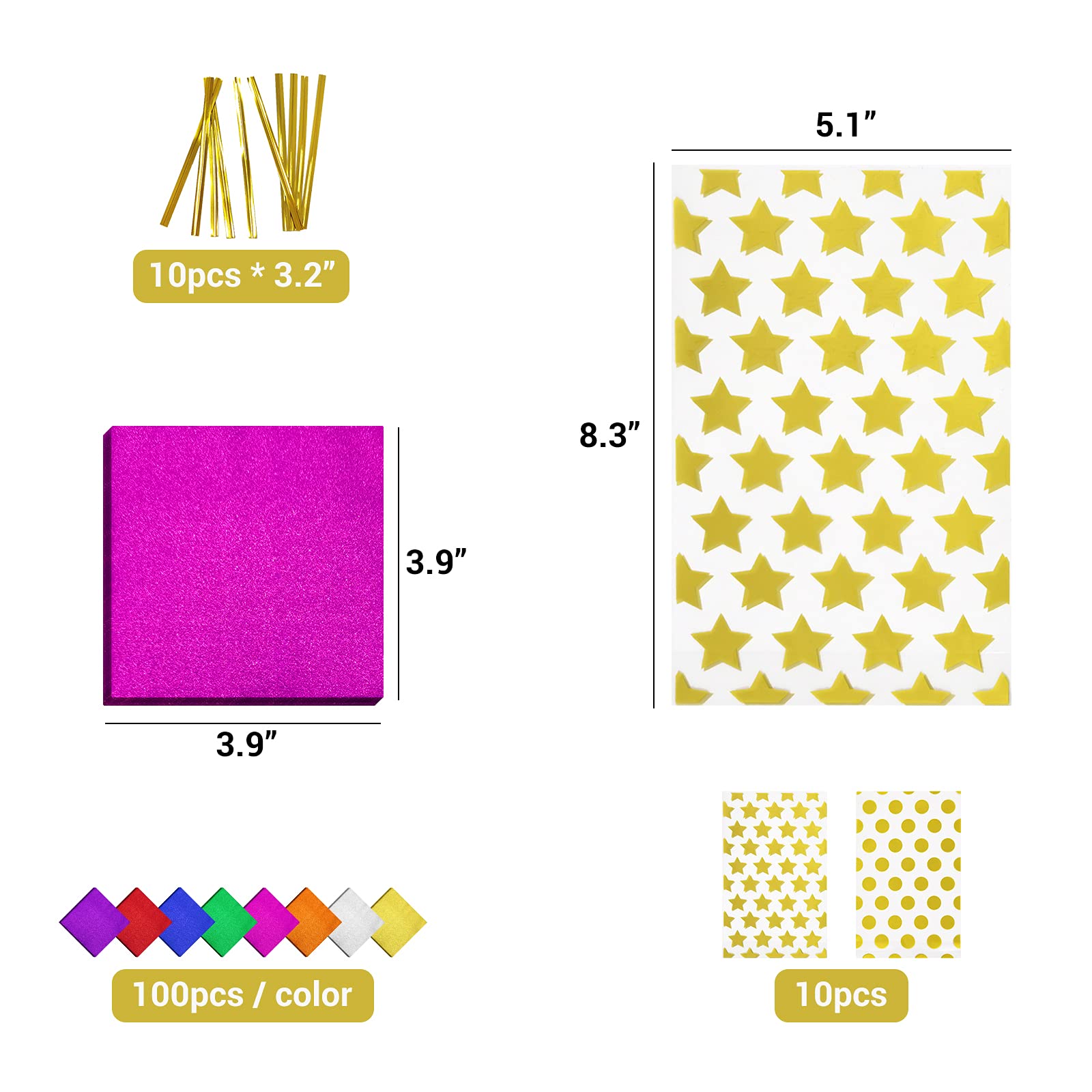 SNAIL GARDEN 800Pcs 4x4 Inch Food Grade Aluminum Foil Candy Wrappers for Chocolates - Includes 10 Candy Bags & 10 Metallic Twist Ties - 8 Colorful Foil Sheets for Christmas DIY, Homemade Candy Making, Party Favors, and Gift Packaging