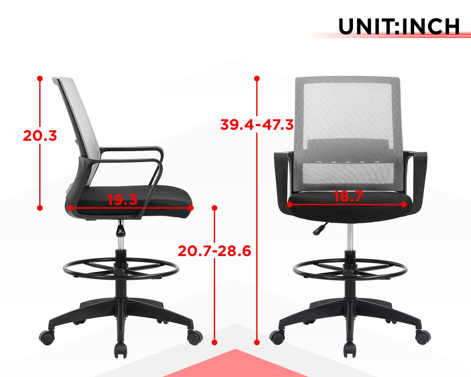Ergonomic Mesh Drafting Chair with Adjustable Foot Ring - Tall Office Chair for Standing Desks, Mid-Back Support Computer Desk Chair (Grey) - Perfect for Architects, Artists & Long Work Sessions