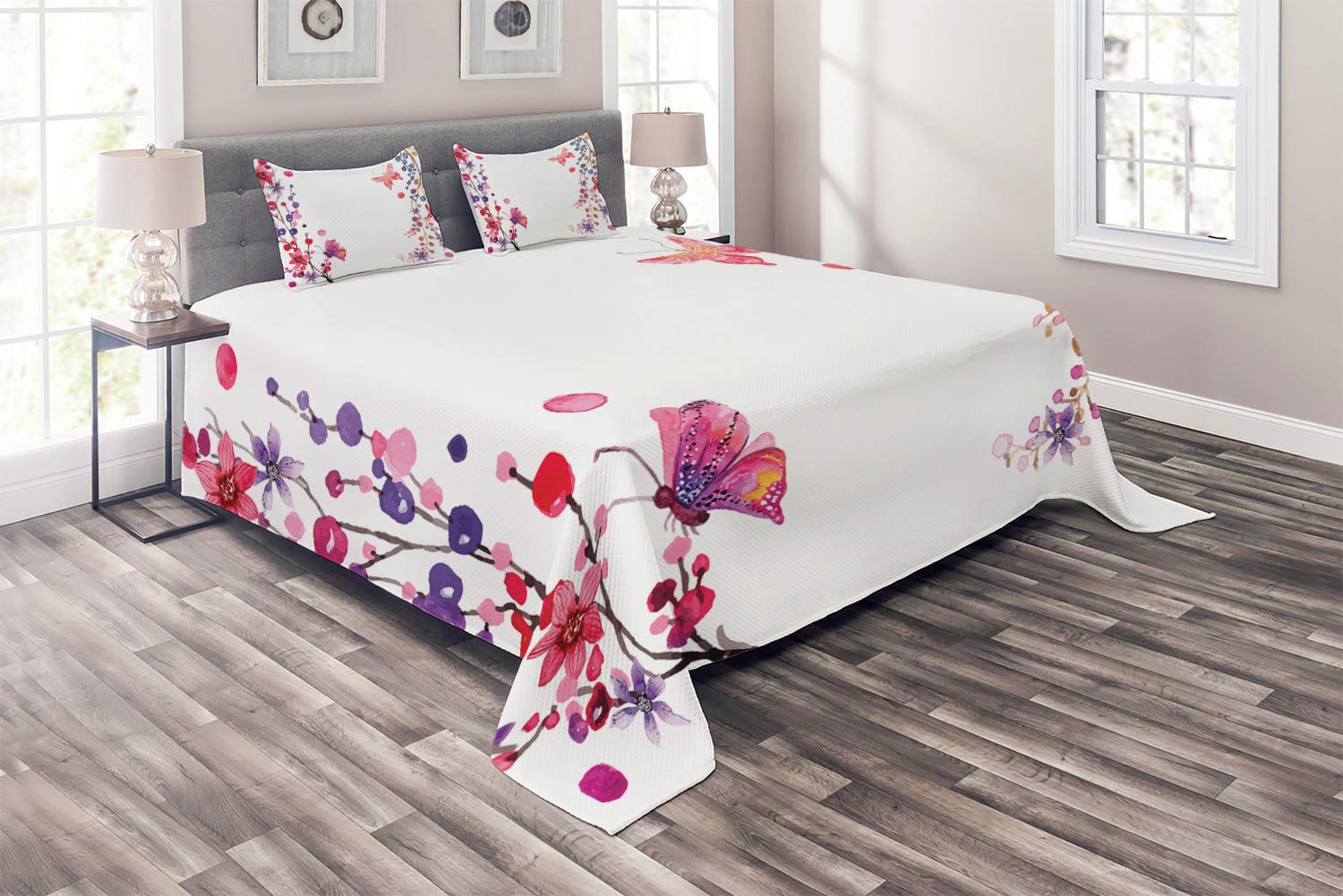Ambesonne Butterfly Bedspread Set - King Size 3-Piece Quilted Coverlet with 2 Pillow Shams, Aquarelle Floral Boho Design in Purple White & Pink, Wings of Spring Romantic Print | Perfect for Master Bedroom, Guest Room & Boho Chic Home Decor