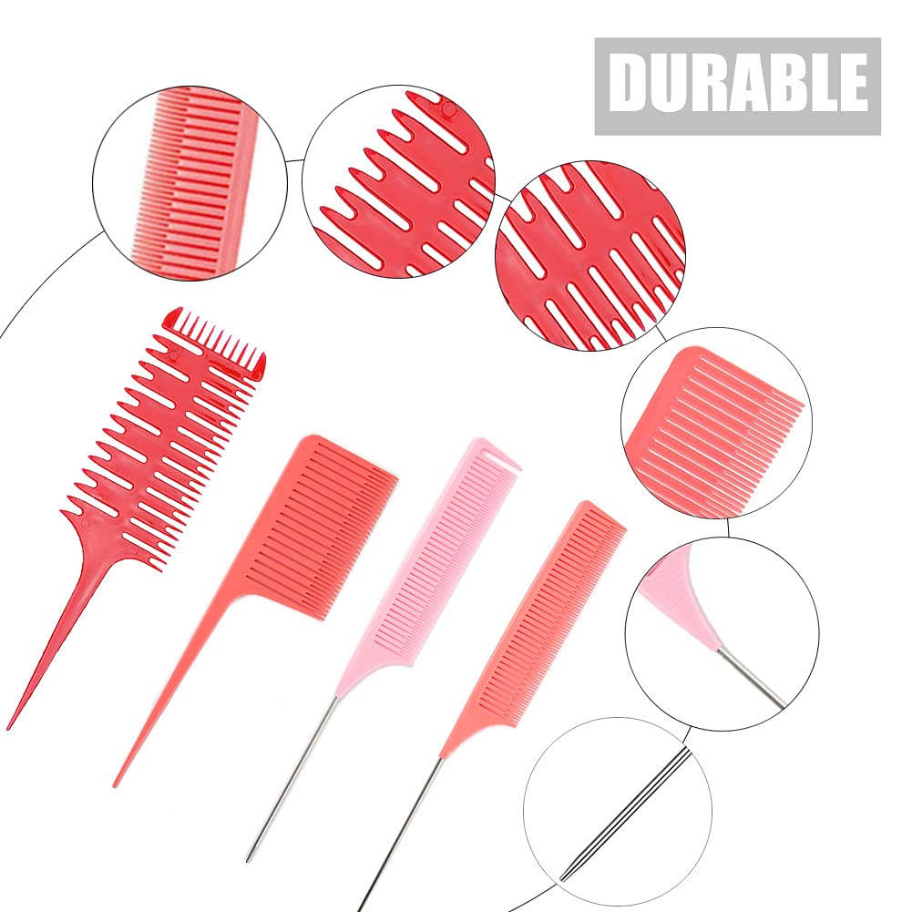Professional Metal Rat Tail Teasing Comb - 4 Pcs Hair Styling & Highlighting Combs for Barber, Home Hairstylist & Weaving | Perfect for Salon, DIY Hair Dyeing & Foiling Techniques (Red)