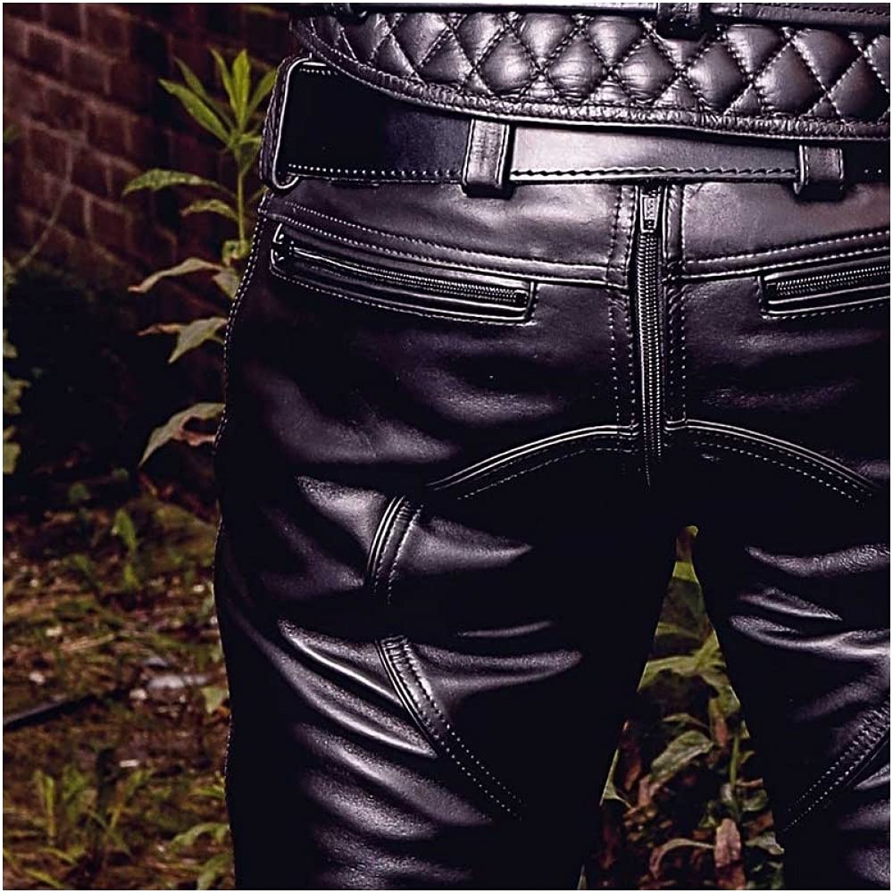 Men's Genuine Leather Biker Pants with Double Zippers - BLUF Cowhide Motorcycle Jeans for Riding & Casual Wear