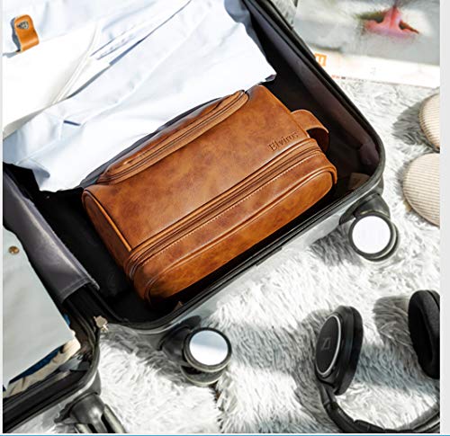 Elviros Leather Travel Toiletry Bag for Men & Women - Large Water-Resistant Hanging Organizer with Hook - Perfect for Bathroom, Shaving, Gym & Business Trips (Brown)