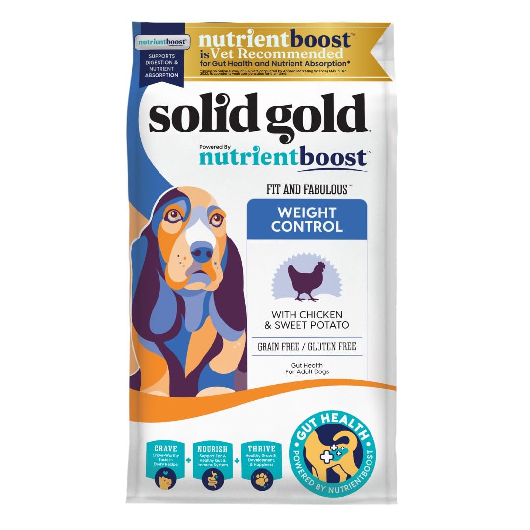 Premium Grain-Free Dry Dog Food for Adult & Senior Dogs - Solid Gold Real Chicken Recipe with Probiotics & Omega 3 Fish Oil - Weight Management & Digestive Health Support - NutrientBoost Formula - 22lb Bag - Perfect for Active Dogs & Sensitive Stomachs
